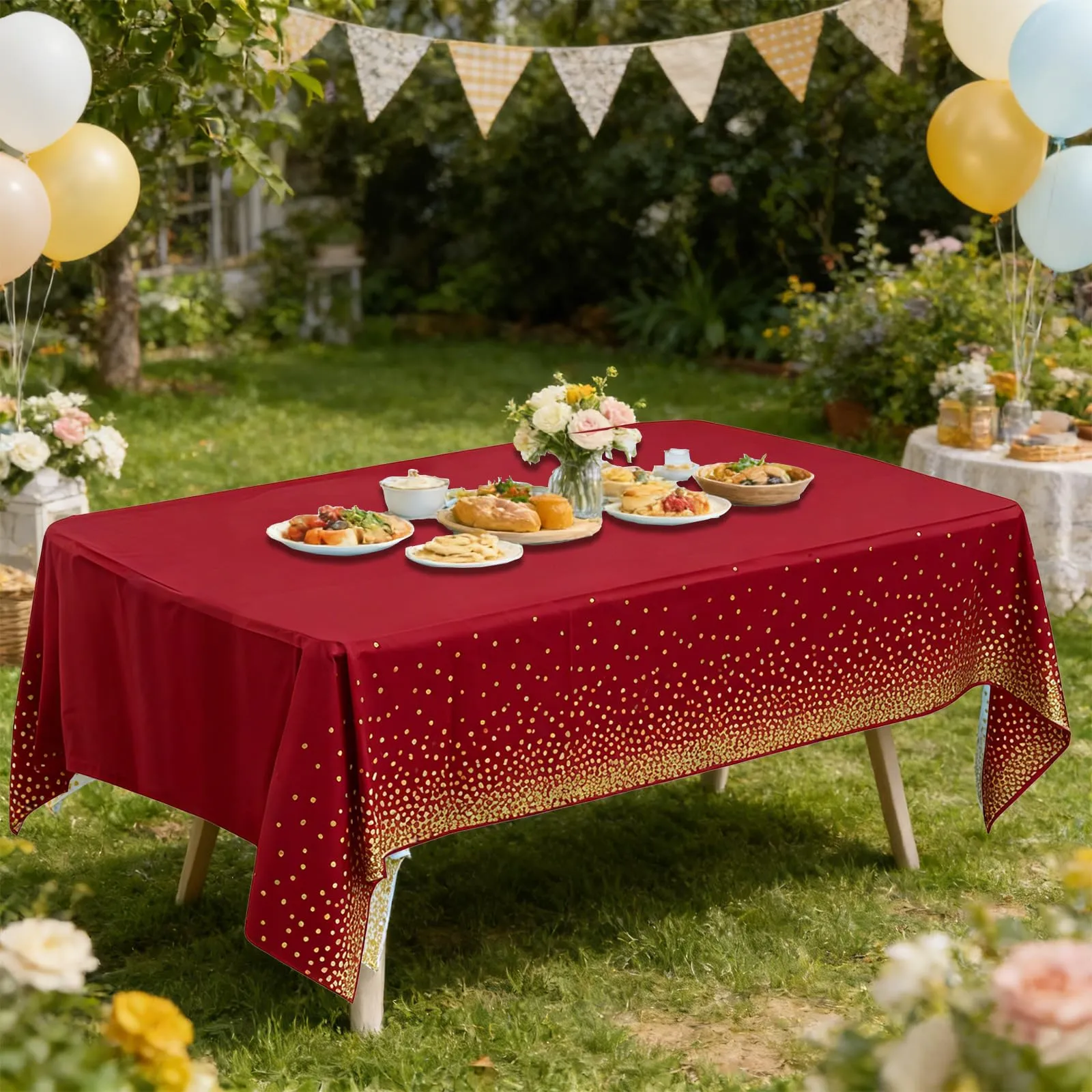 YAAVAAW Tovaglie in Plastica Rettangolari a Pois Bordeaux e Oro, 137 x 274 cm, Set da 4, Usa e Getta - immagine 6