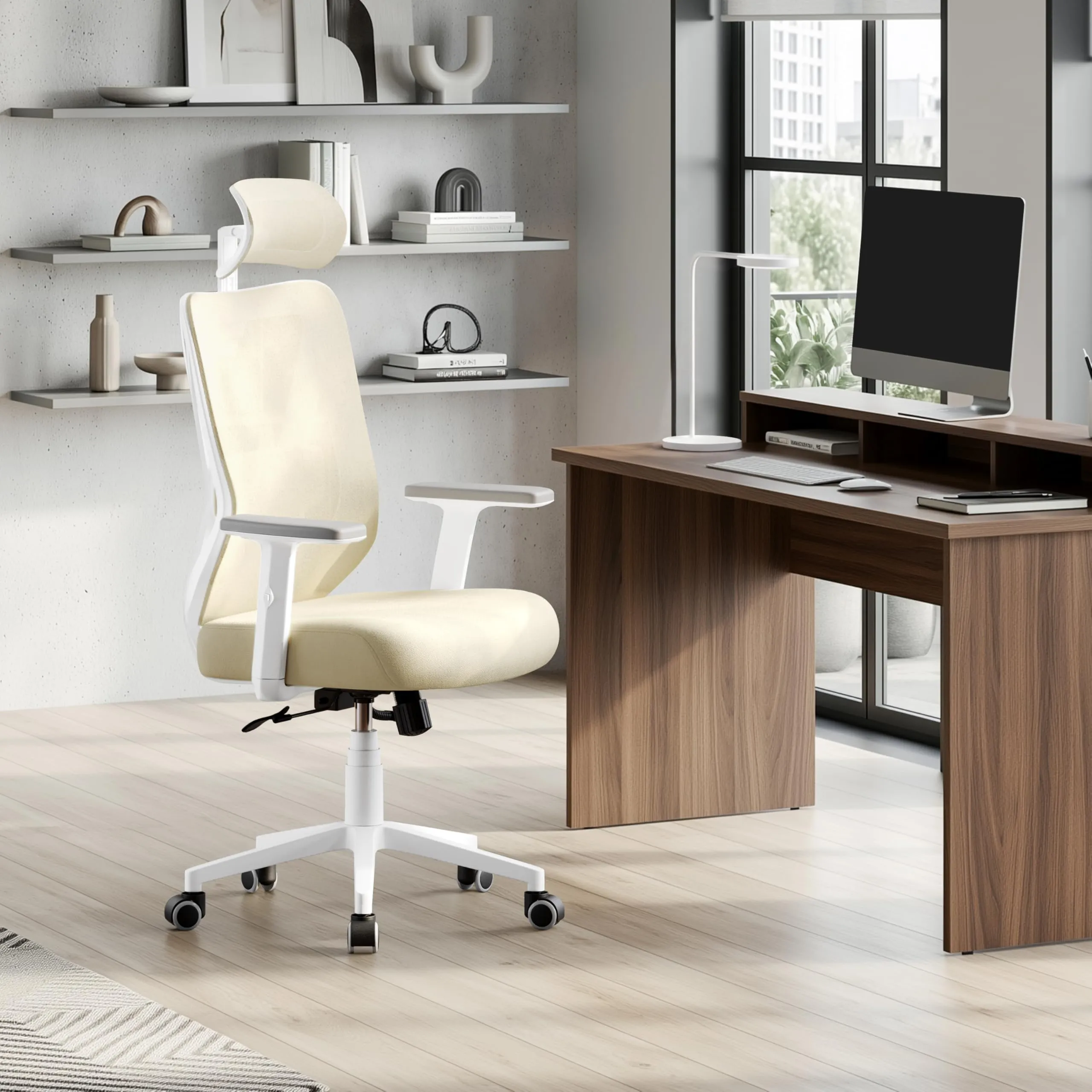 Yaheetech Sedia da Ufficio Ergonomica con Supporto Lombare, Beige - immagine 2