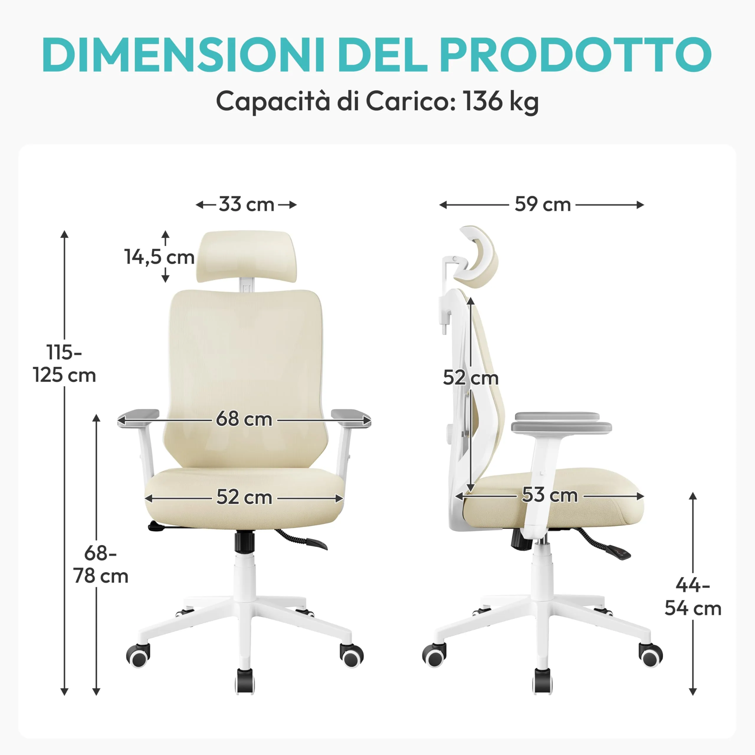 Yaheetech Sedia da Ufficio Ergonomica con Supporto Lombare, Beige - immagine 3
