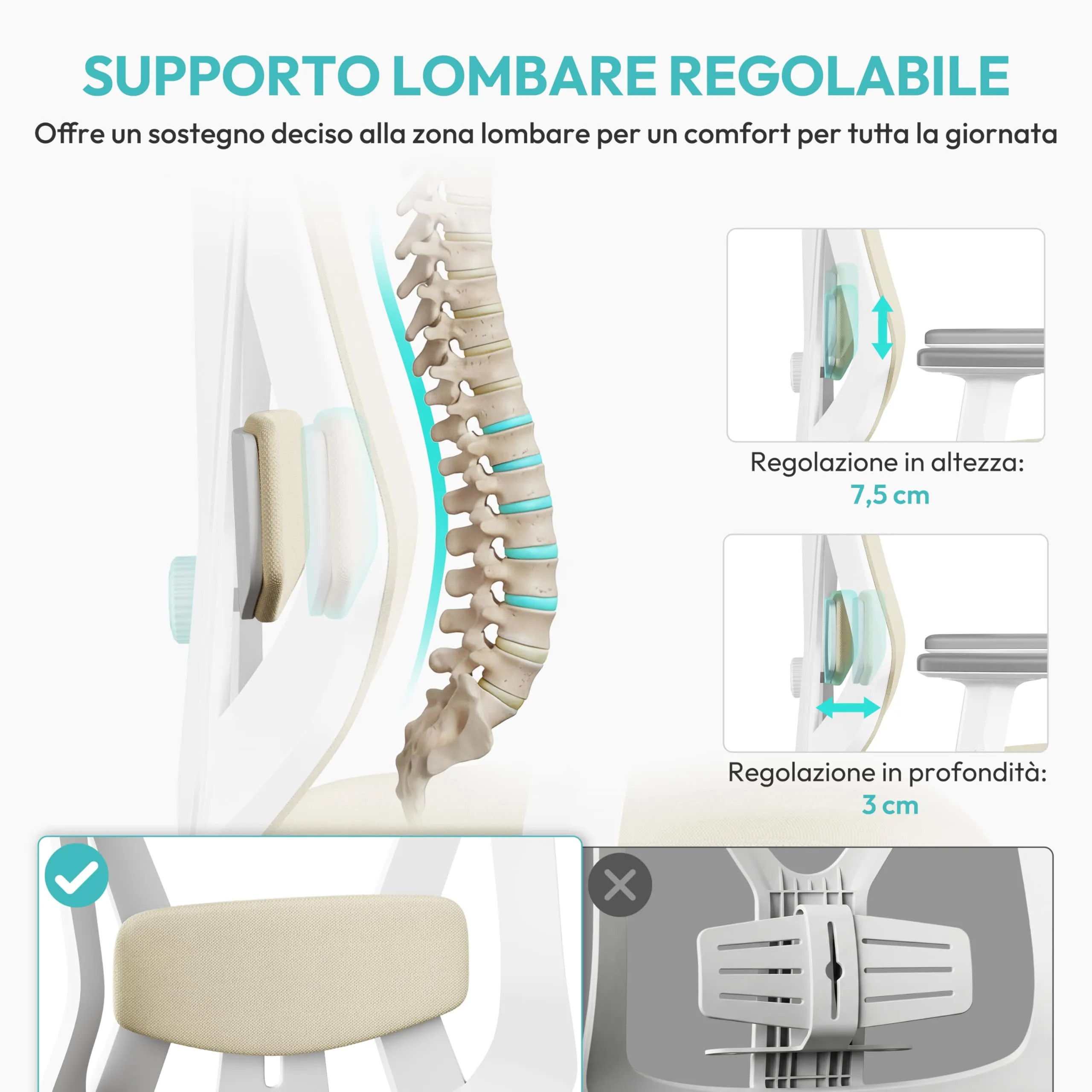 Yaheetech Sedia da Ufficio Ergonomica con Supporto Lombare, Beige - immagine 4