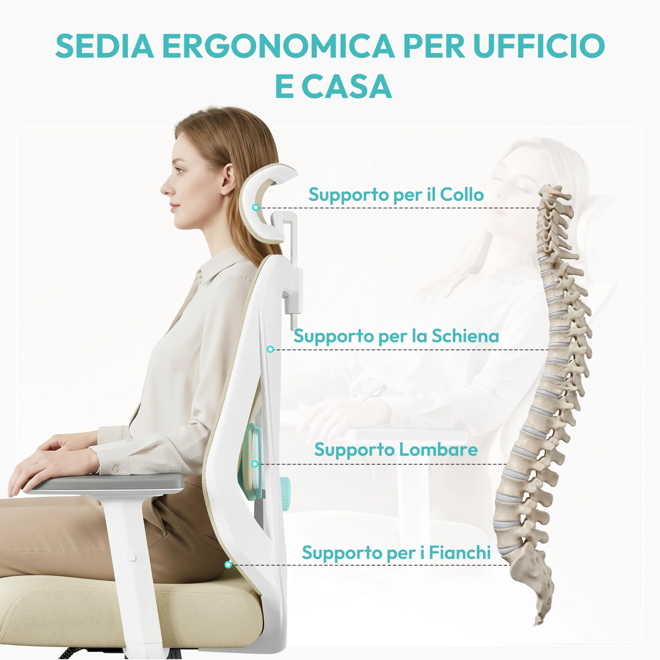 Yaheetech Sedia da Ufficio Ergonomica con Supporto Lombare, Beige - immagine 6