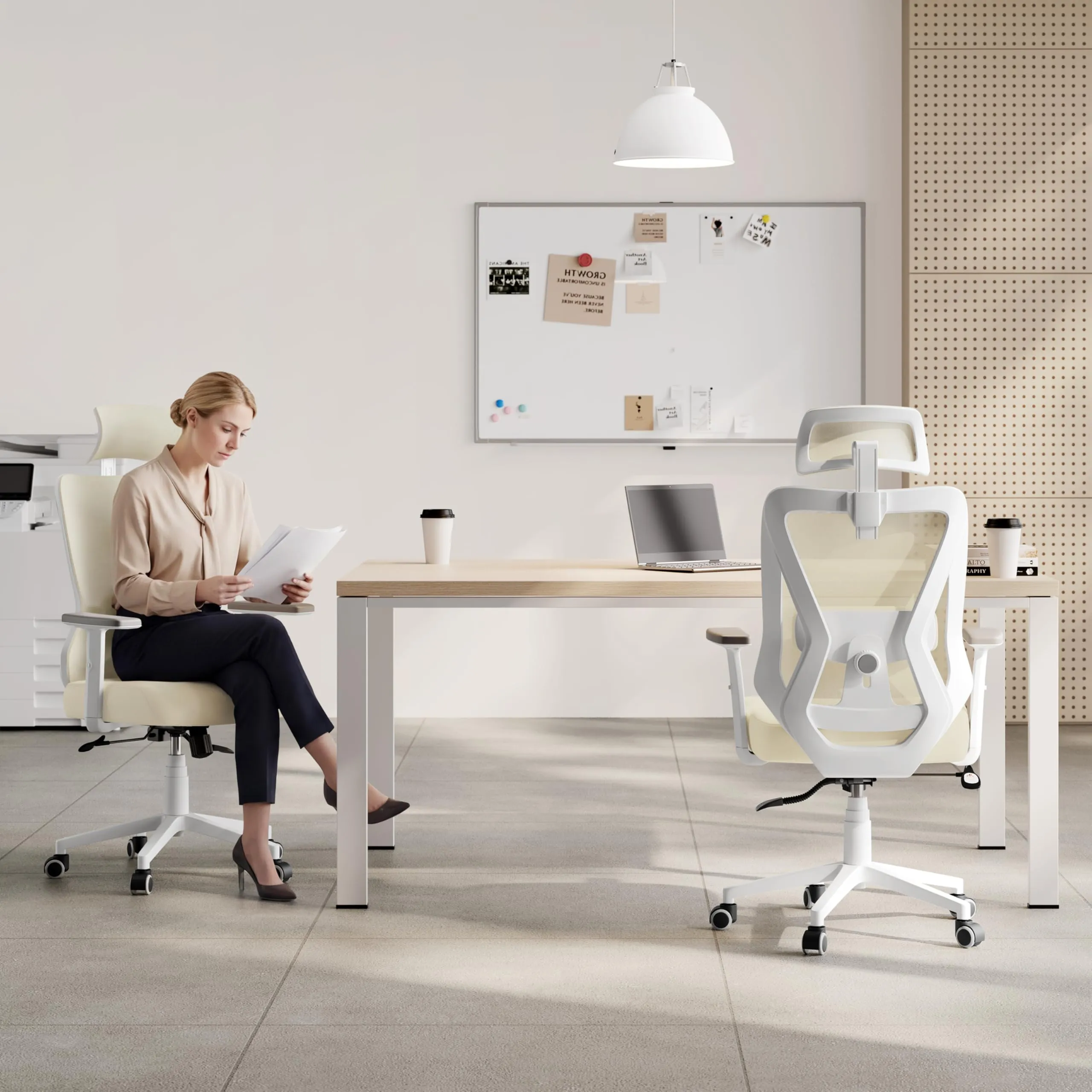 Yaheetech Sedia da Ufficio Ergonomica con Supporto Lombare, Beige - immagine 7