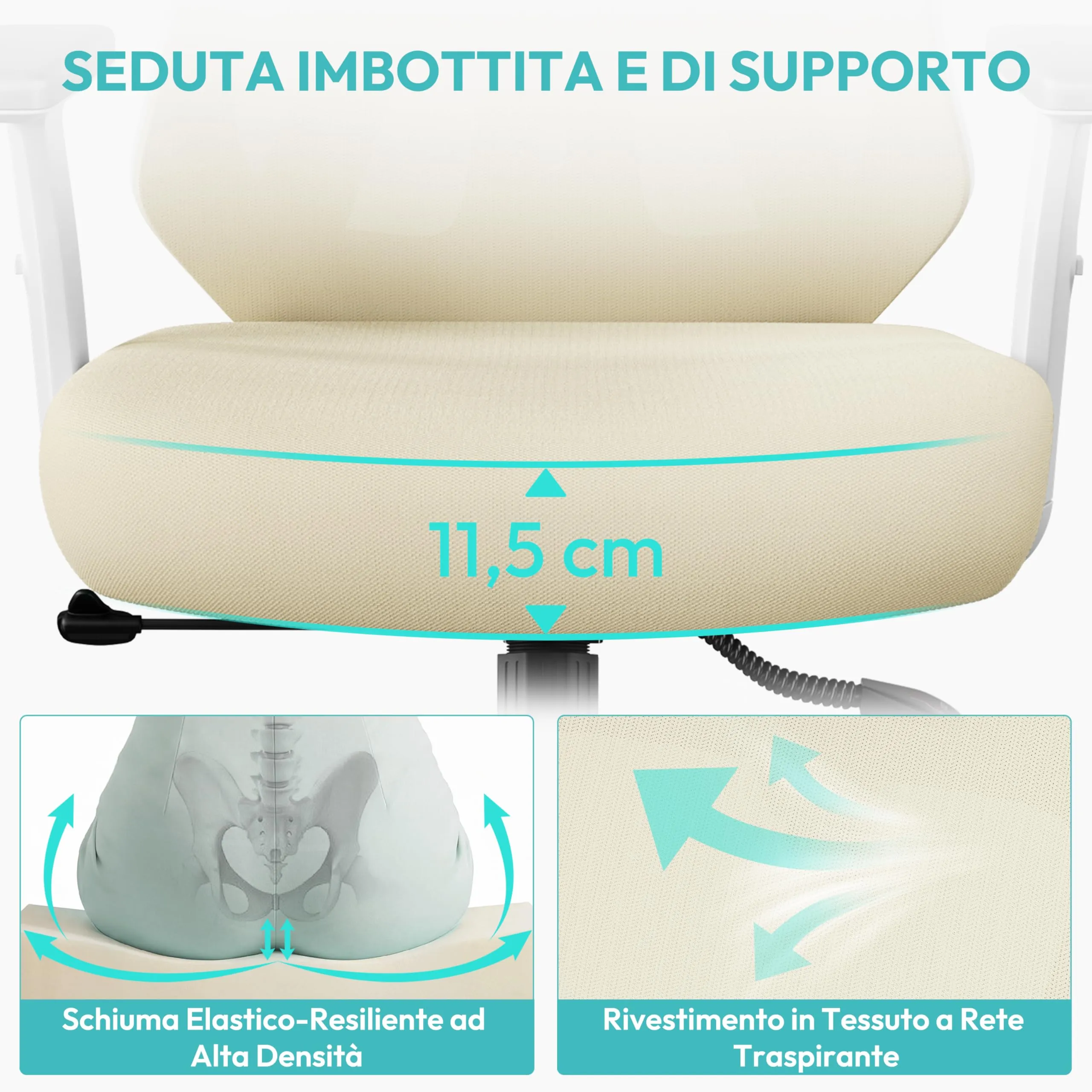 Yaheetech Sedia da Ufficio Ergonomica con Supporto Lombare, Beige - immagine 8