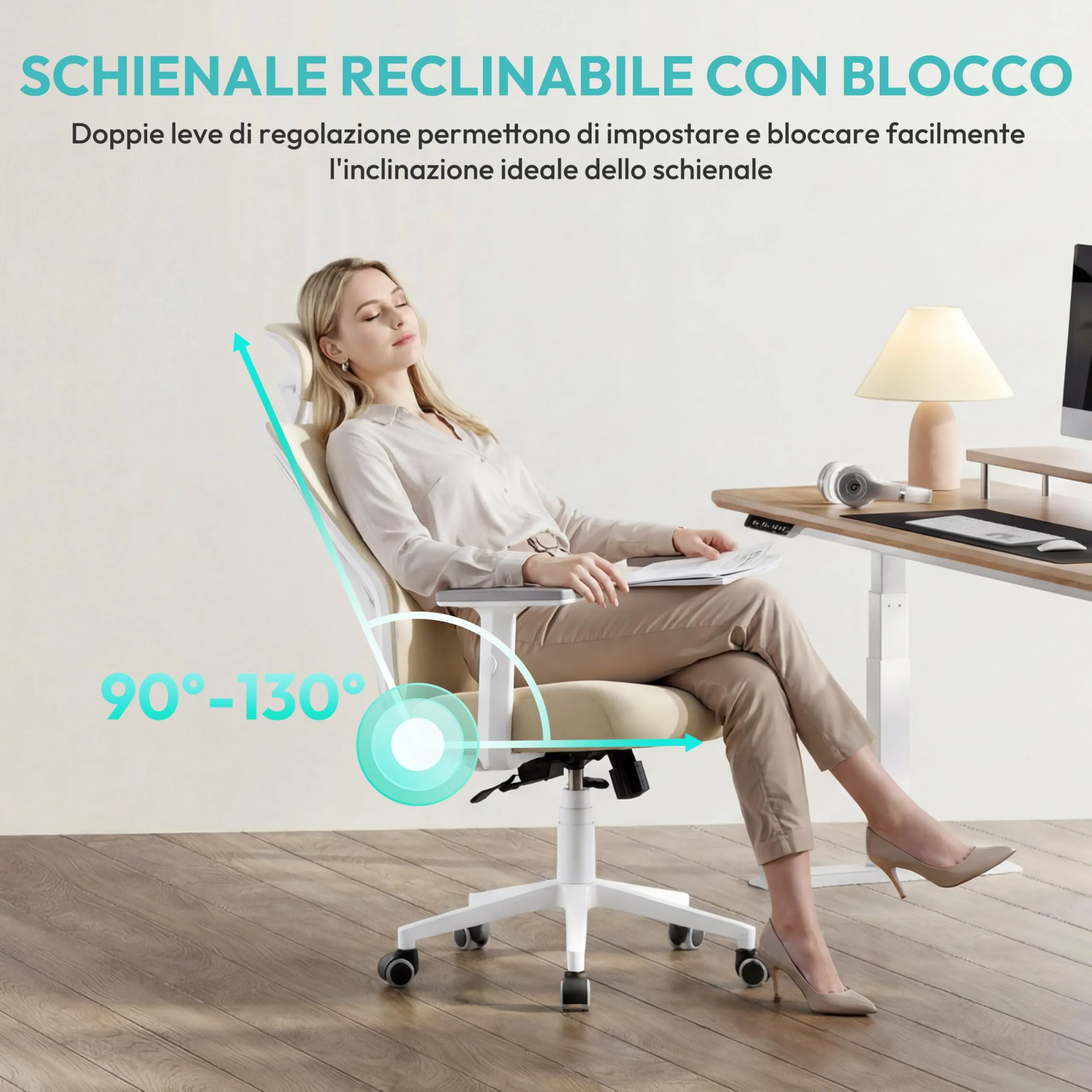 Yaheetech Sedia da Ufficio Ergonomica con Supporto Lombare, Beige - immagine 9