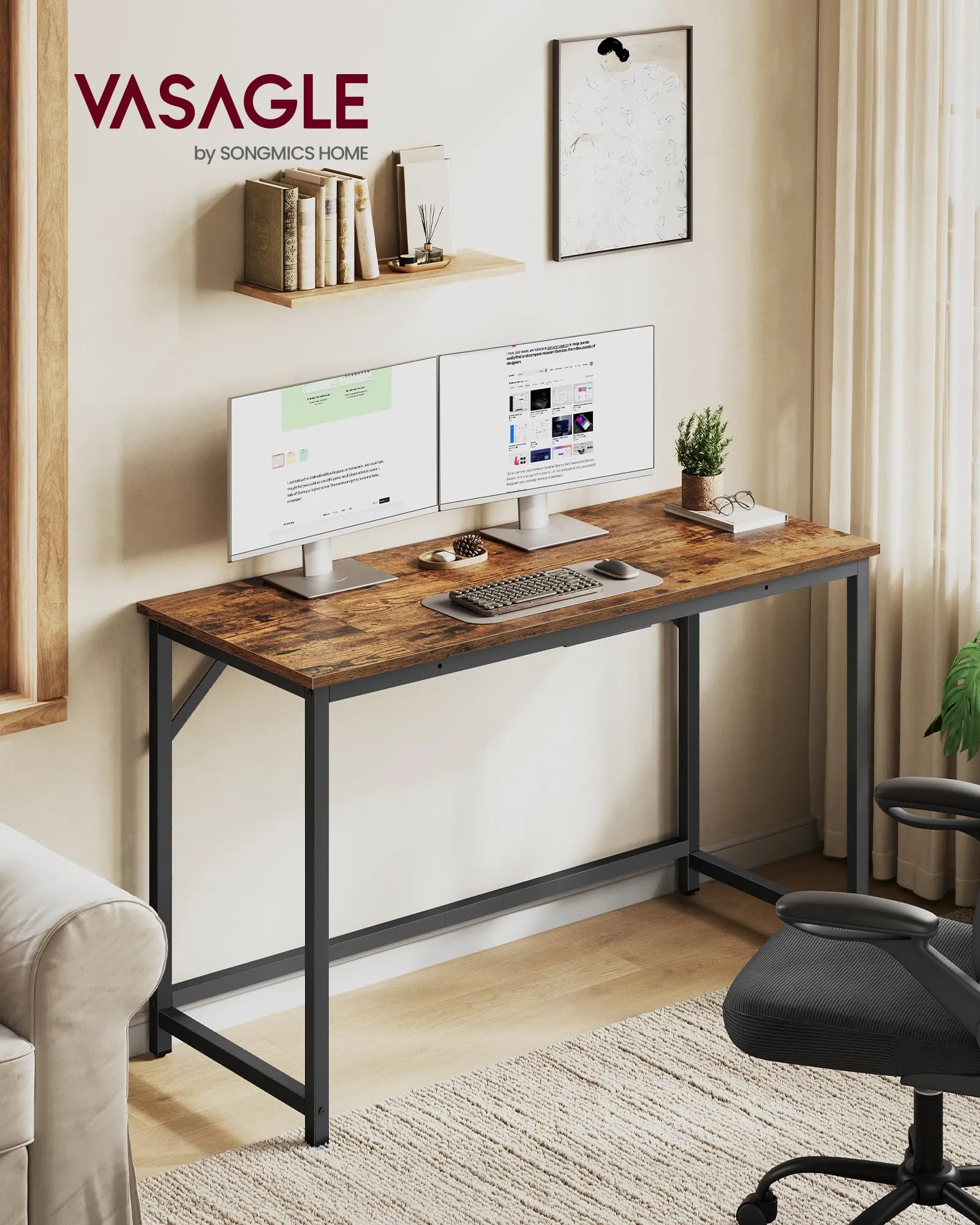 VASAGLE Scrivania per Computer, 120 x 50 x 76 cm, Marrone Vintage e Nero Opaco - immagine 2