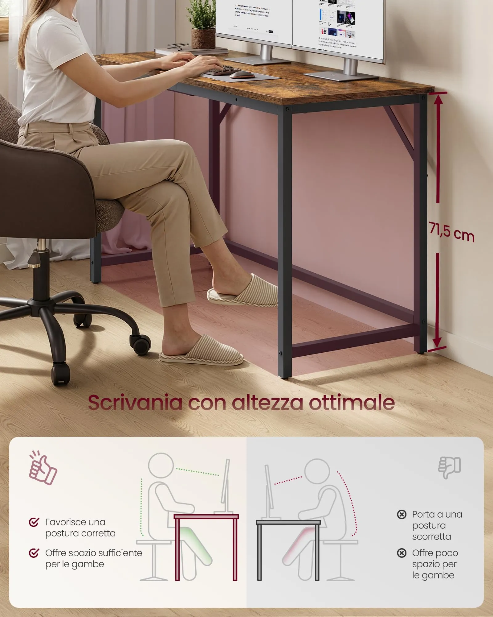 VASAGLE Scrivania per Computer, 120 x 50 x 76 cm, Marrone Vintage e Nero Opaco - immagine 3