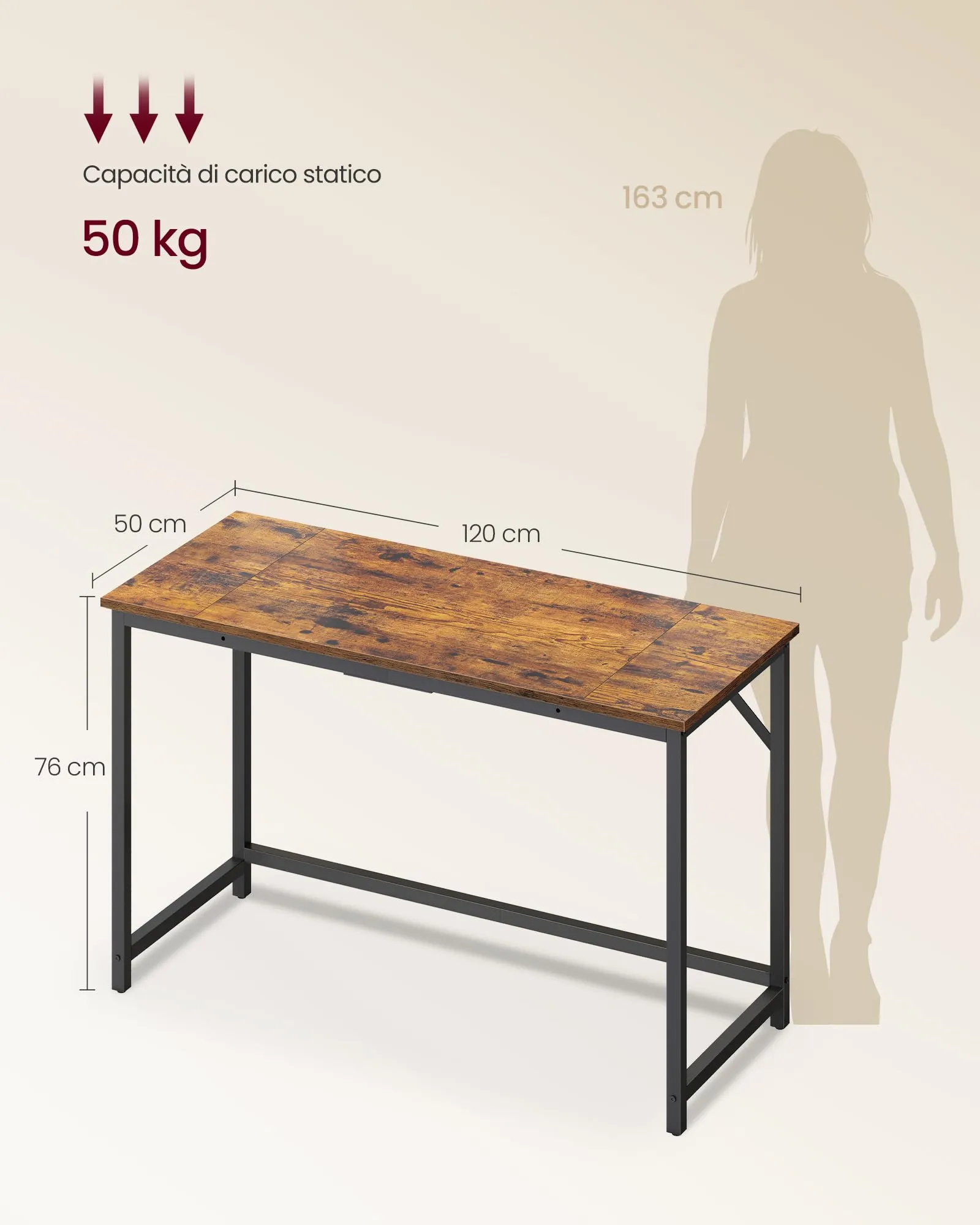 VASAGLE Scrivania per Computer, 120 x 50 x 76 cm, Marrone Vintage e Nero Opaco - immagine 5