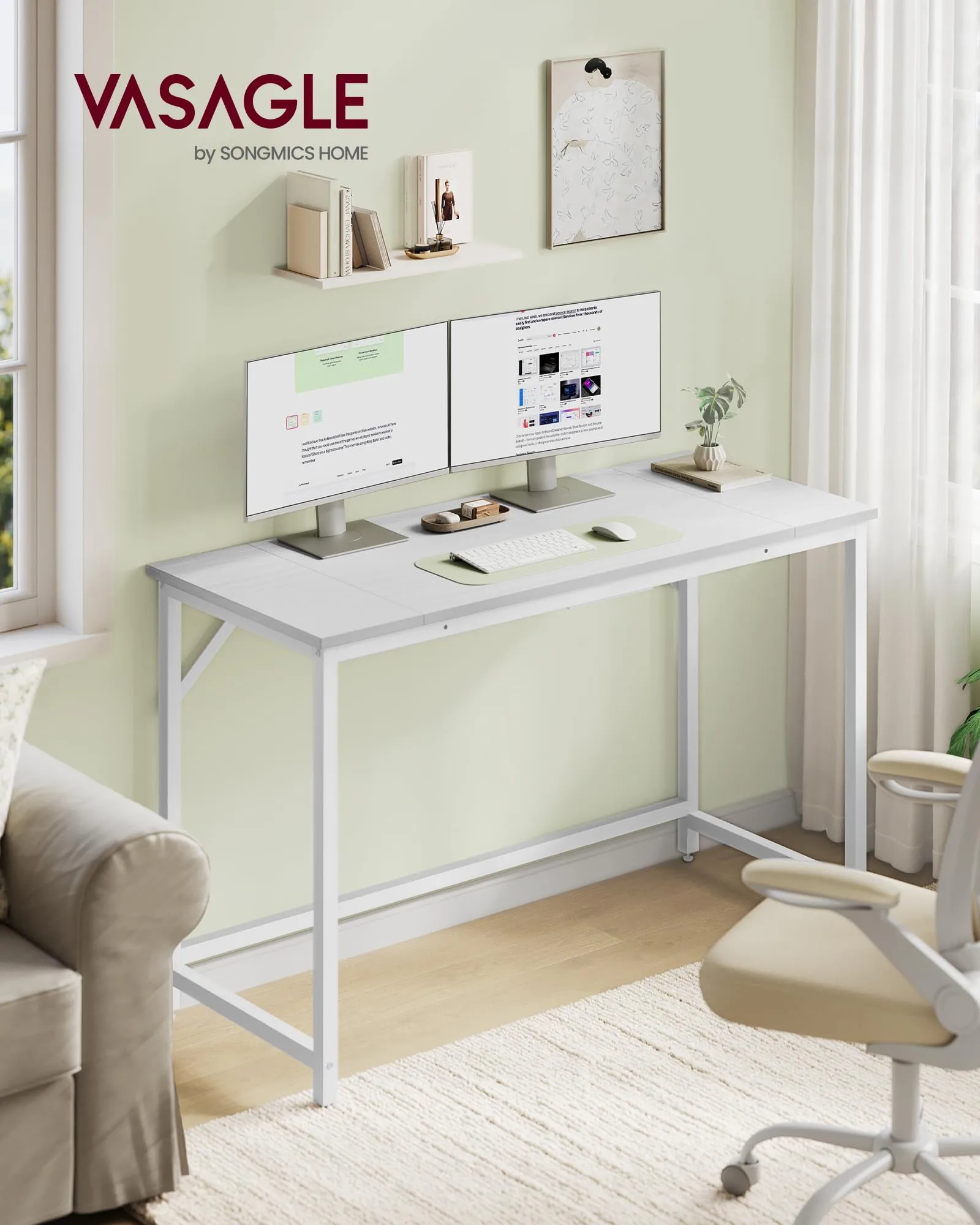 VASAGLE Scrivania per Computer 120 x 50 x 76 cm, Struttura Metallica, Bianco Acero e Bianco Opaco LWD212W101 - immagine 2