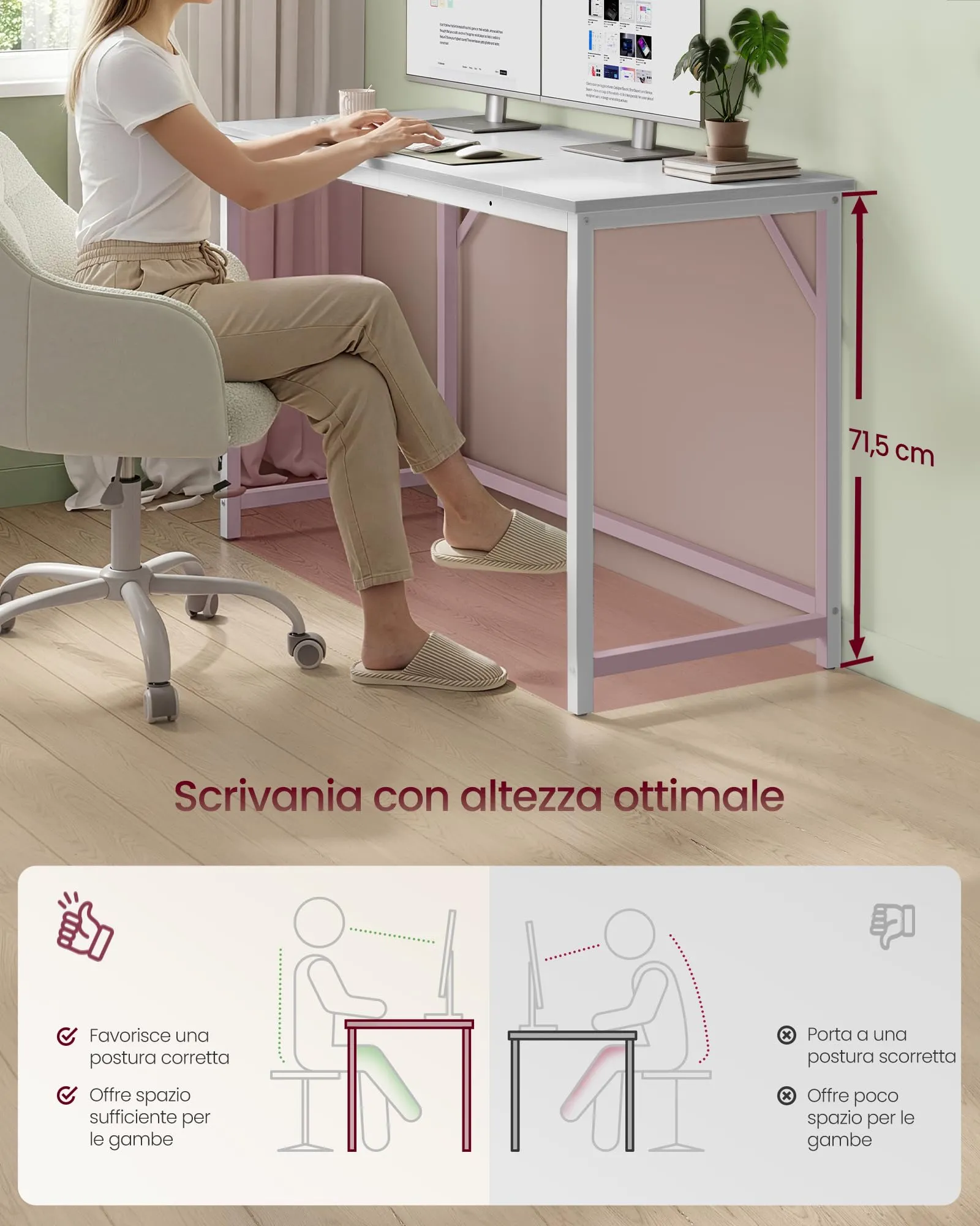 VASAGLE Scrivania per Computer 120 x 50 x 76 cm, Struttura Metallica, Bianco Acero e Bianco Opaco LWD212W101 - immagine 3