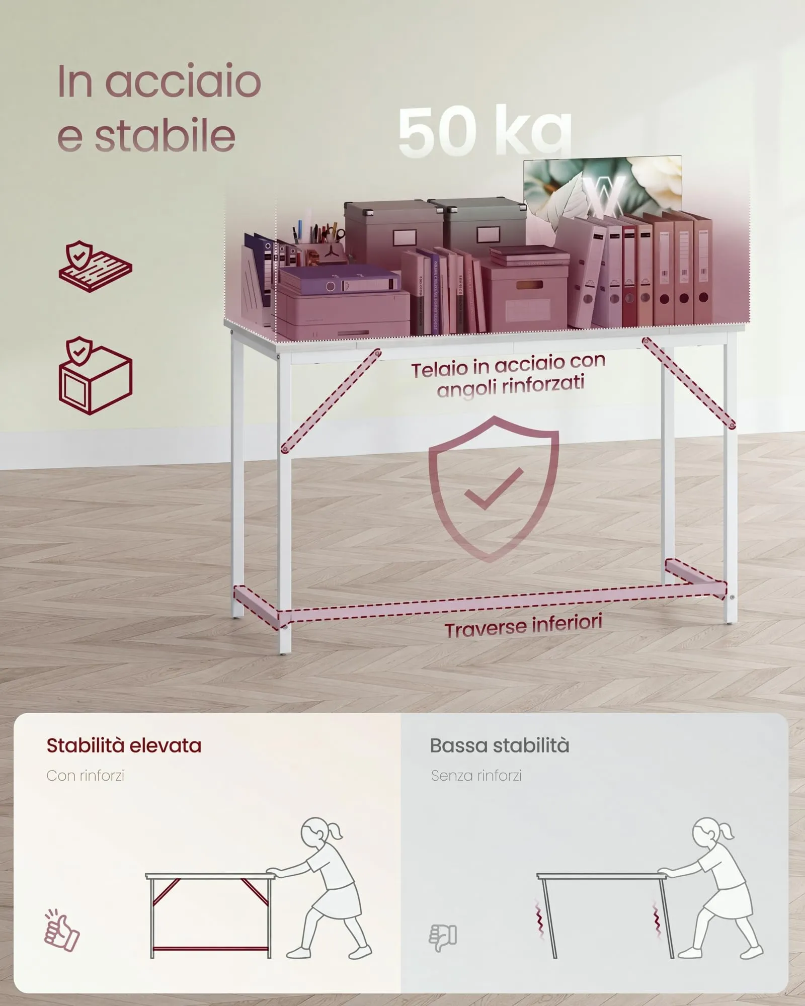 VASAGLE Scrivania per Computer 120 x 50 x 76 cm, Struttura Metallica, Bianco Acero e Bianco Opaco LWD212W101 - immagine 4