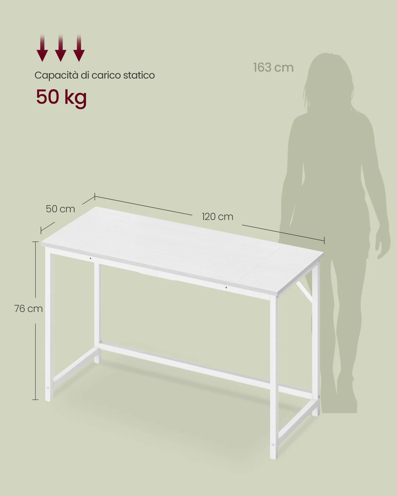 VASAGLE Scrivania per Computer 120 x 50 x 76 cm, Struttura Metallica, Bianco Acero e Bianco Opaco LWD212W101 - immagine 5