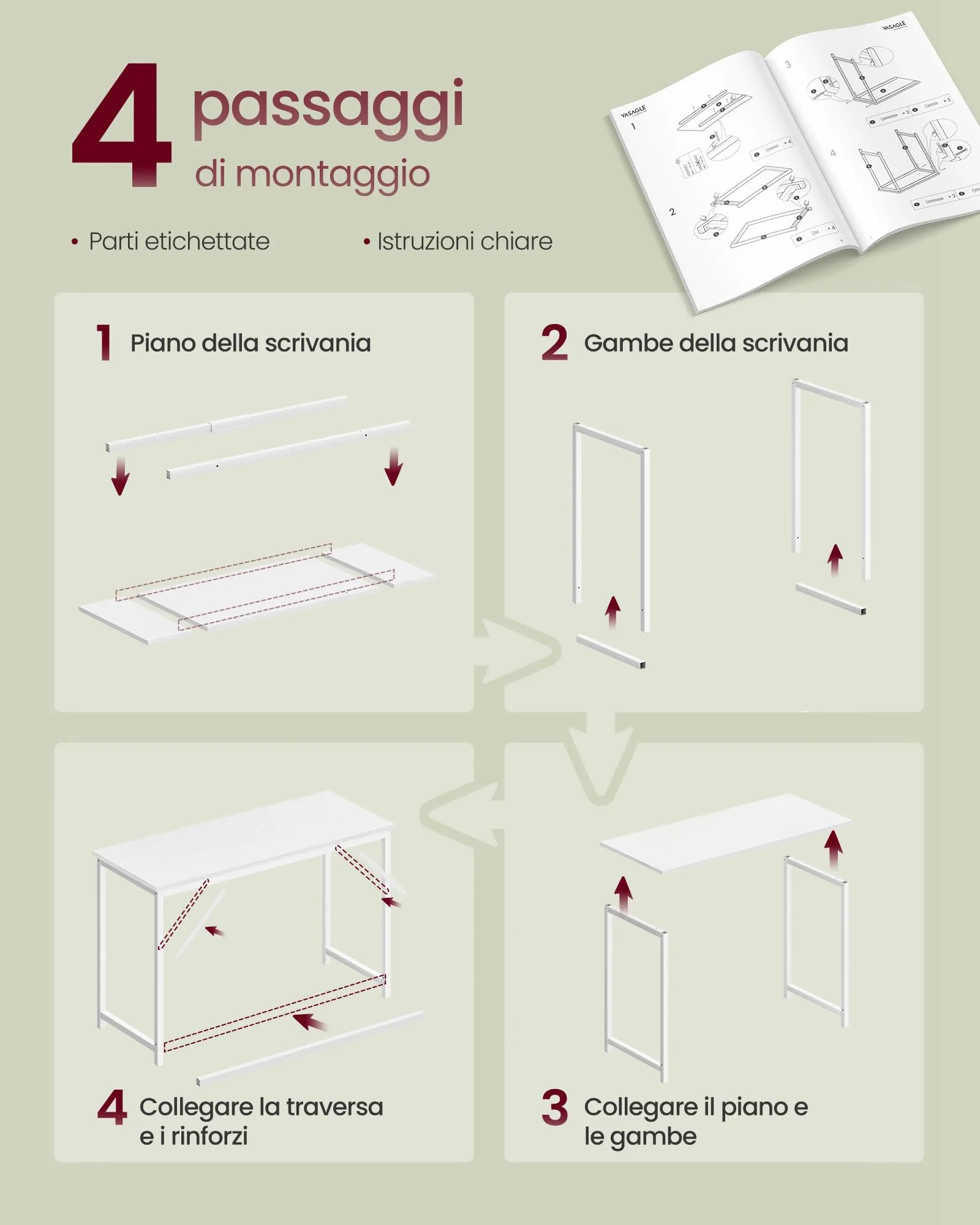 VASAGLE Scrivania per Computer 120 x 50 x 76 cm, Struttura Metallica, Bianco Acero e Bianco Opaco LWD212W101 - immagine 6