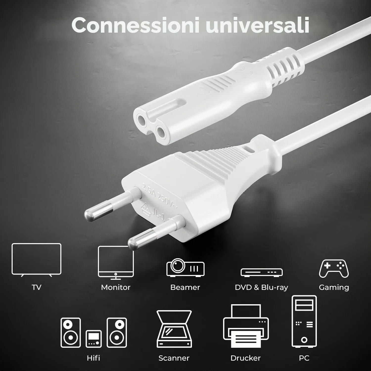 deleyCON Cavo di Alimentazione Europlug a Presa C7, 6m - Bianco - immagine 6