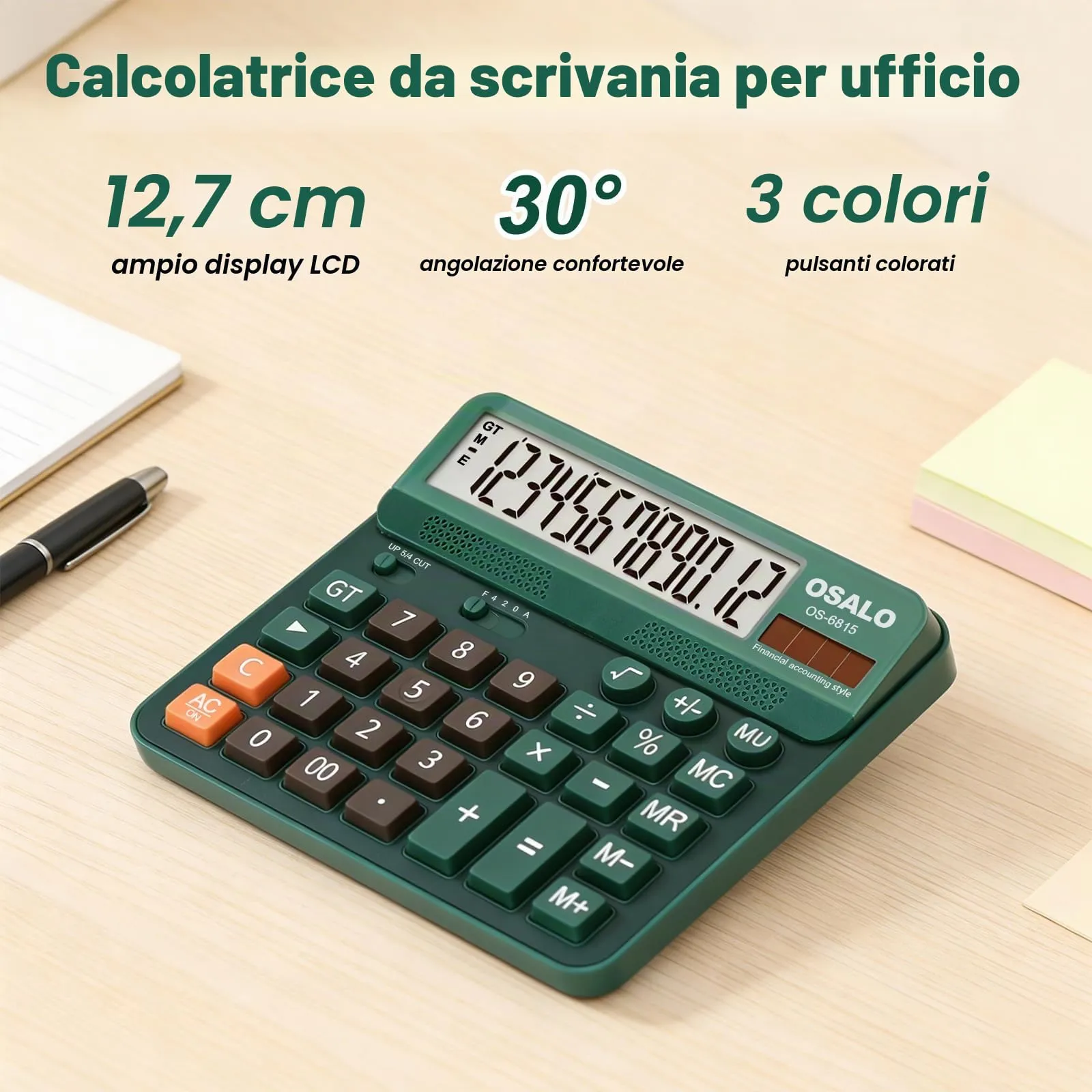 OSALO Calcolatrice 12 cifre con display e tasti grandi, solare (OS-6815 verde) - immagine 2