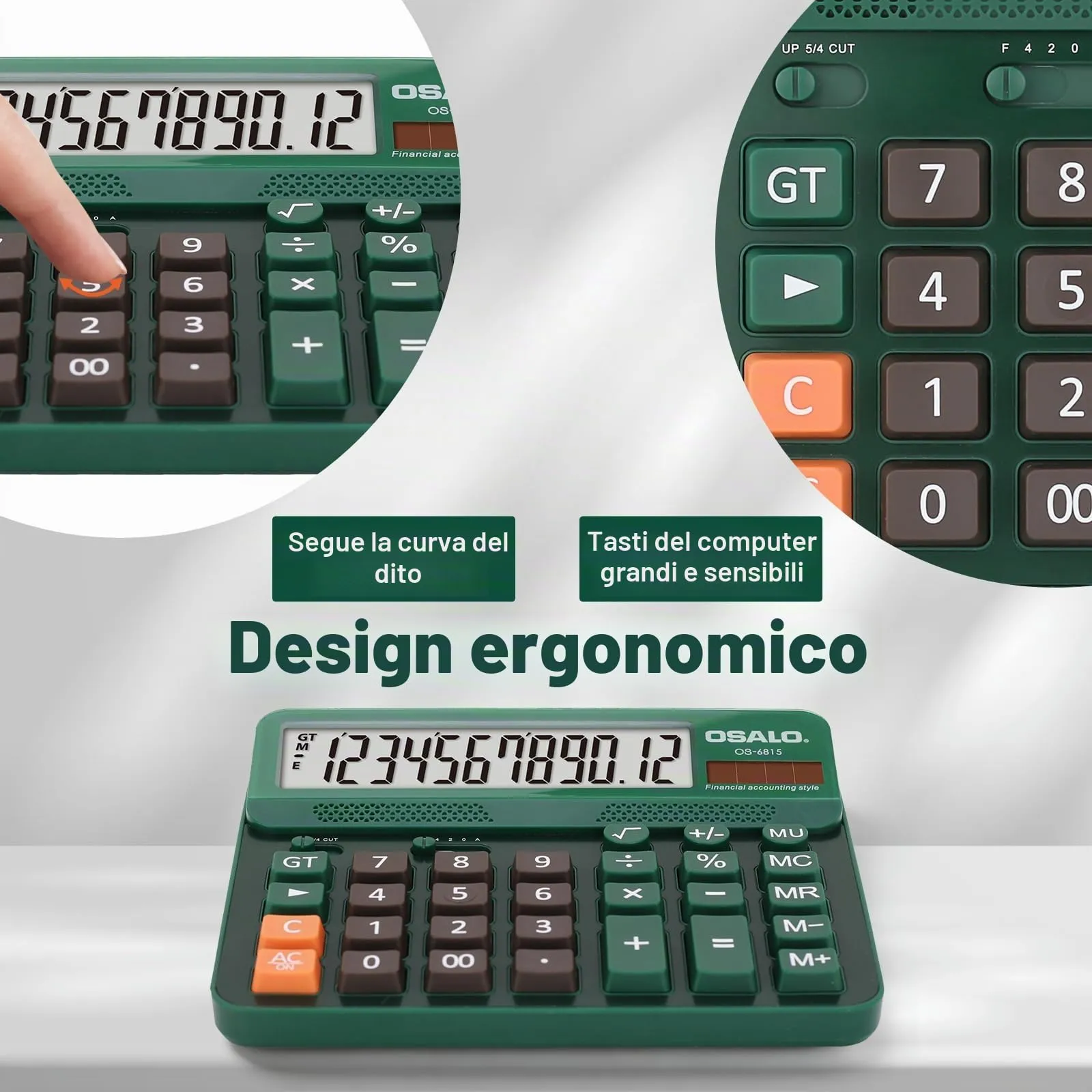 OSALO Calcolatrice 12 cifre con display e tasti grandi, solare (OS-6815 verde) - immagine 3