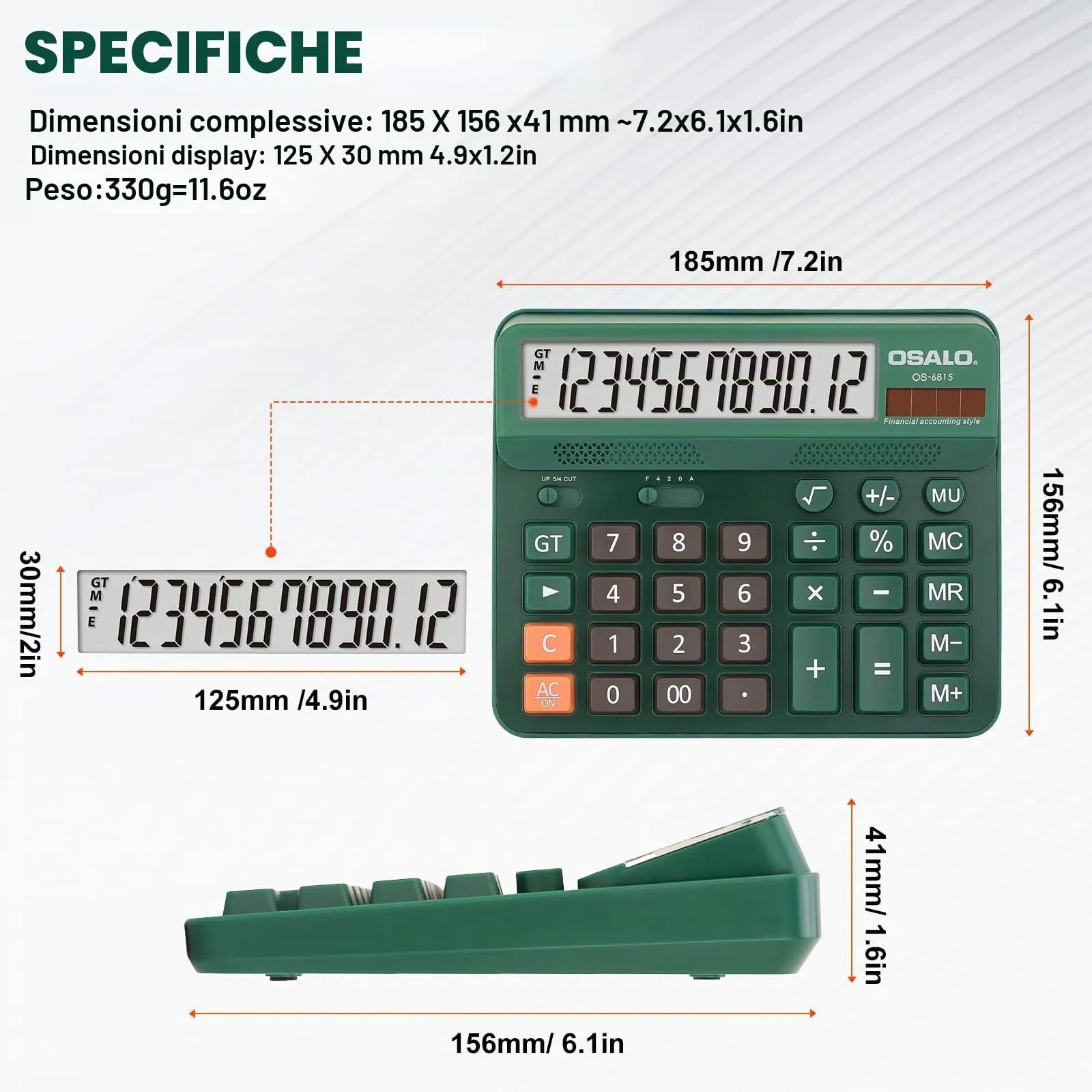 OSALO Calcolatrice 12 cifre con display e tasti grandi, solare (OS-6815 verde) - immagine 5