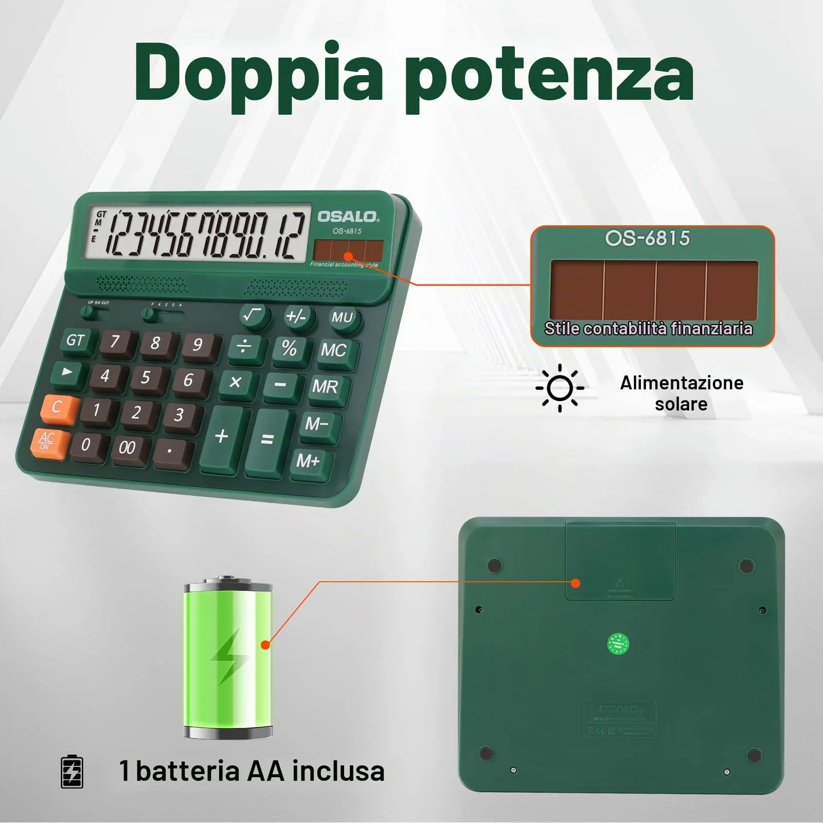 OSALO Calcolatrice 12 cifre con display e tasti grandi, solare (OS-6815 verde) - immagine 7