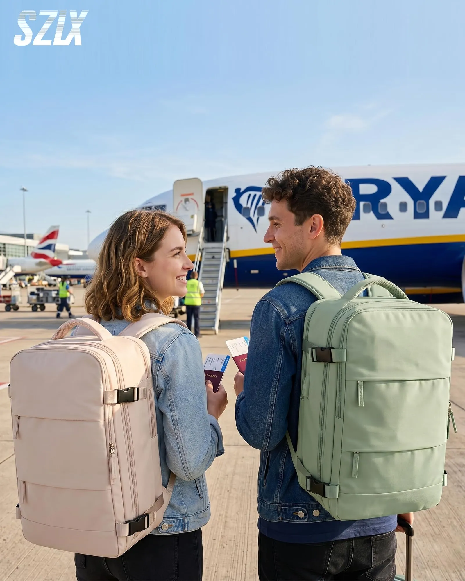 SZLX Zaino da Viaggio Sottovuoto con Pompa 40x30x20cm per Ryanair Wizzair Vueling, Borsa Cabina per Laptop 14 Pollici con Porta USB e Scomparto Scarpe - immagine 2