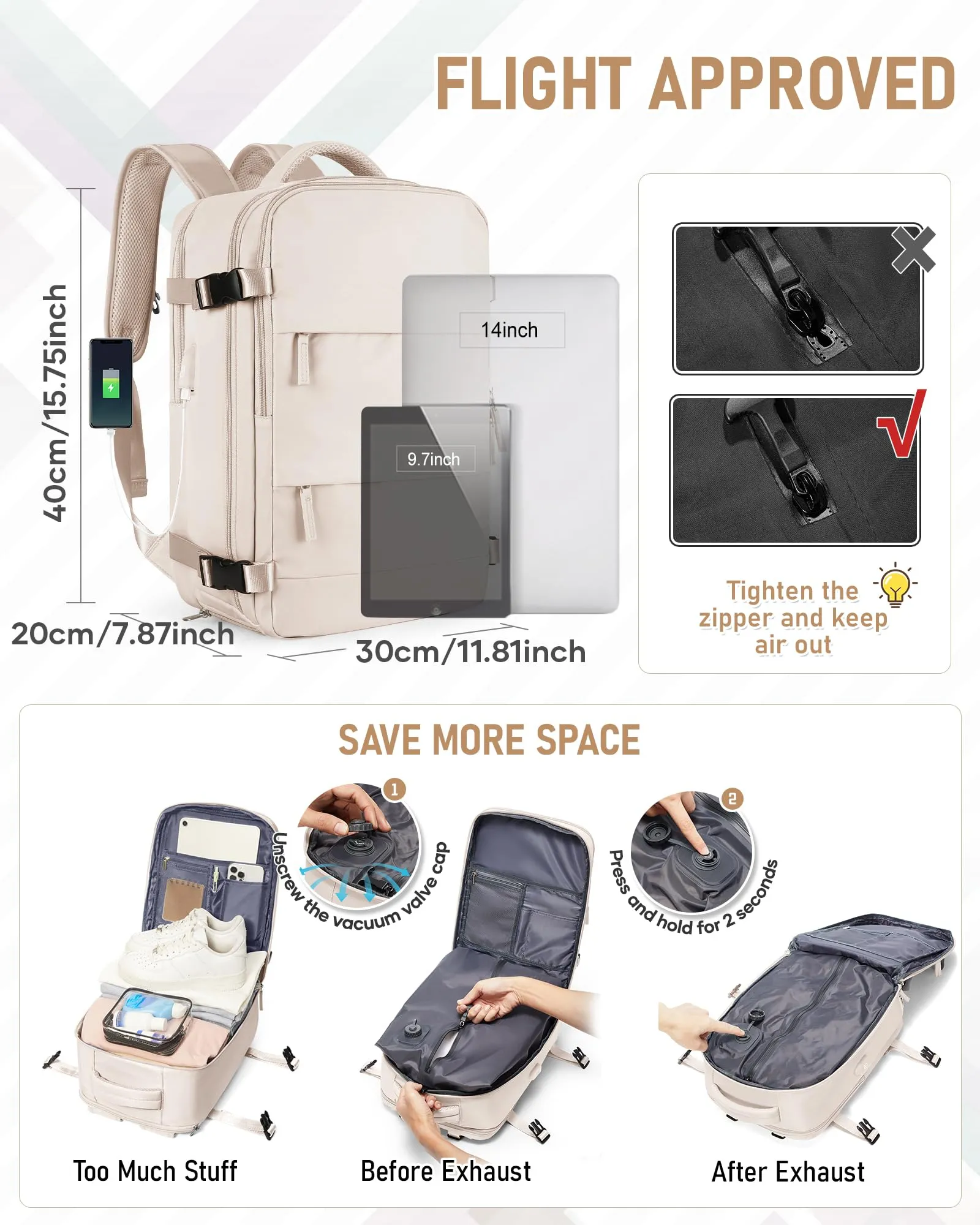 SZLX Zaino da Viaggio Sottovuoto con Pompa 40x30x20cm per Ryanair Wizzair Vueling, Borsa Cabina per Laptop 14 Pollici con Porta USB e Scomparto Scarpe - immagine 4