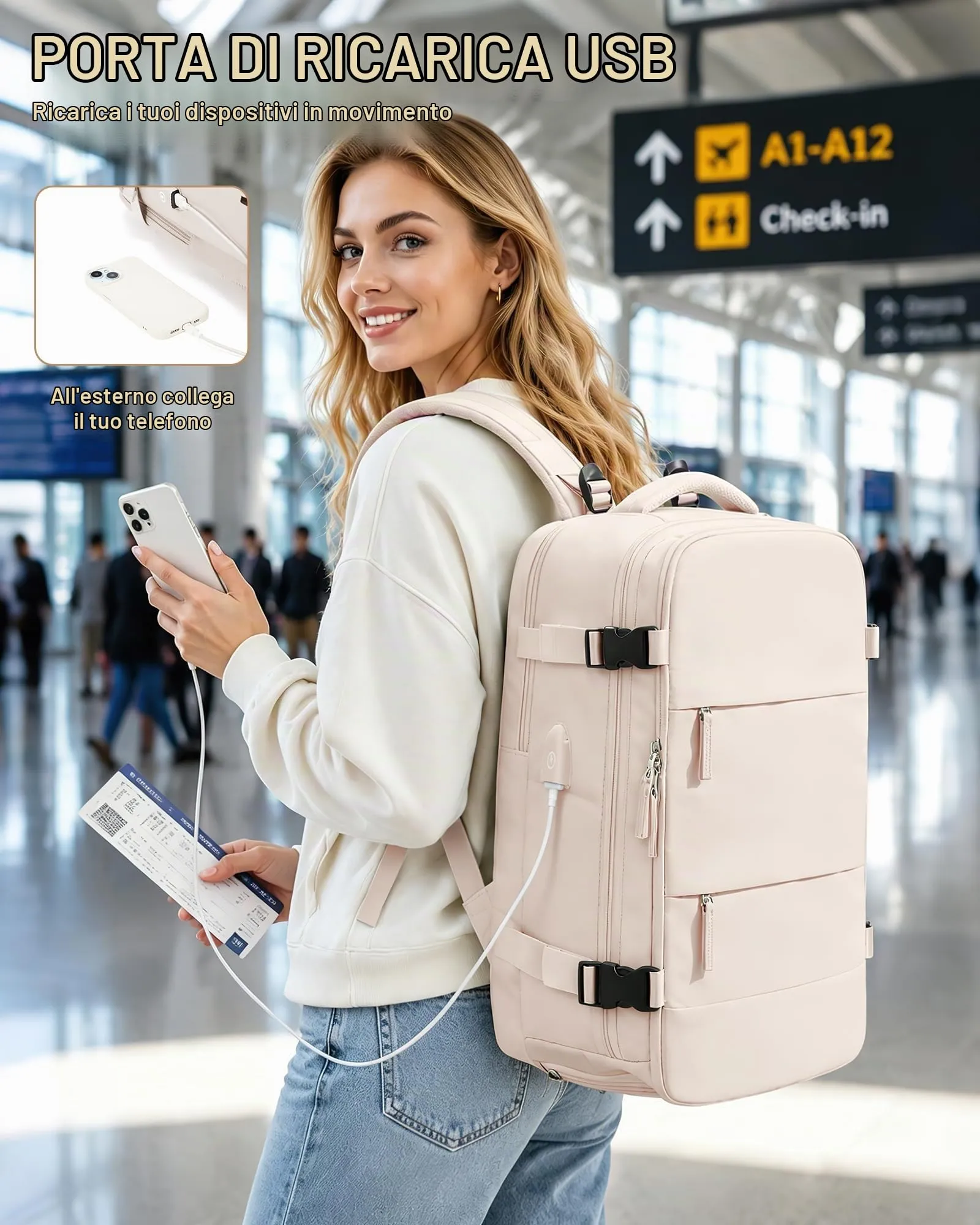 SZLX Zaino da Viaggio Sottovuoto con Pompa 40x30x20cm per Ryanair Wizzair Vueling, Borsa Cabina per Laptop 14 Pollici con Porta USB e Scomparto Scarpe - immagine 6