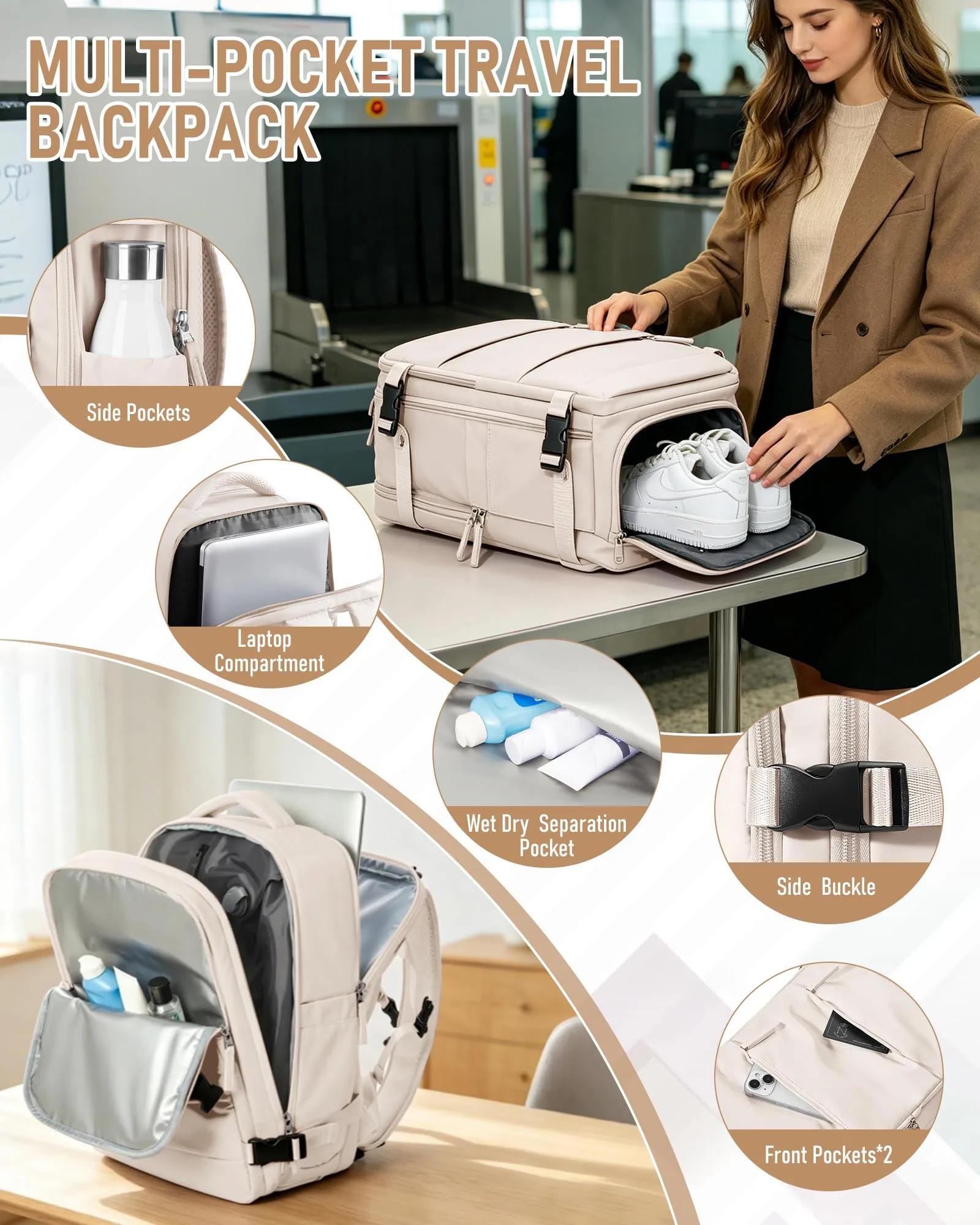 SZLX Zaino da Viaggio Sottovuoto con Pompa 40x30x20cm per Ryanair Wizzair Vueling, Borsa Cabina per Laptop 14 Pollici con Porta USB e Scomparto Scarpe - immagine 7