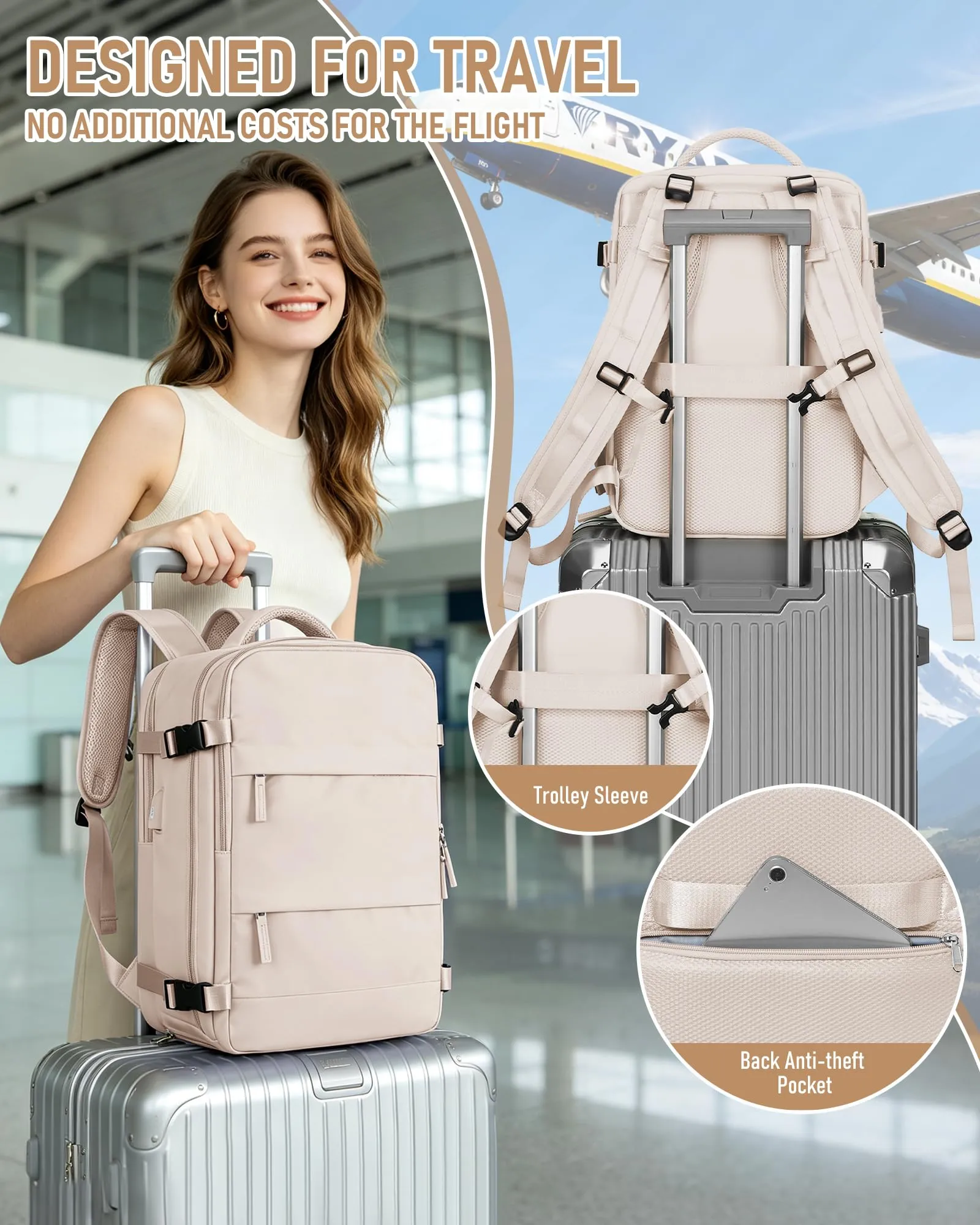 SZLX Zaino da Viaggio Sottovuoto con Pompa 40x30x20cm per Ryanair Wizzair Vueling, Borsa Cabina per Laptop 14 Pollici con Porta USB e Scomparto Scarpe - immagine 10