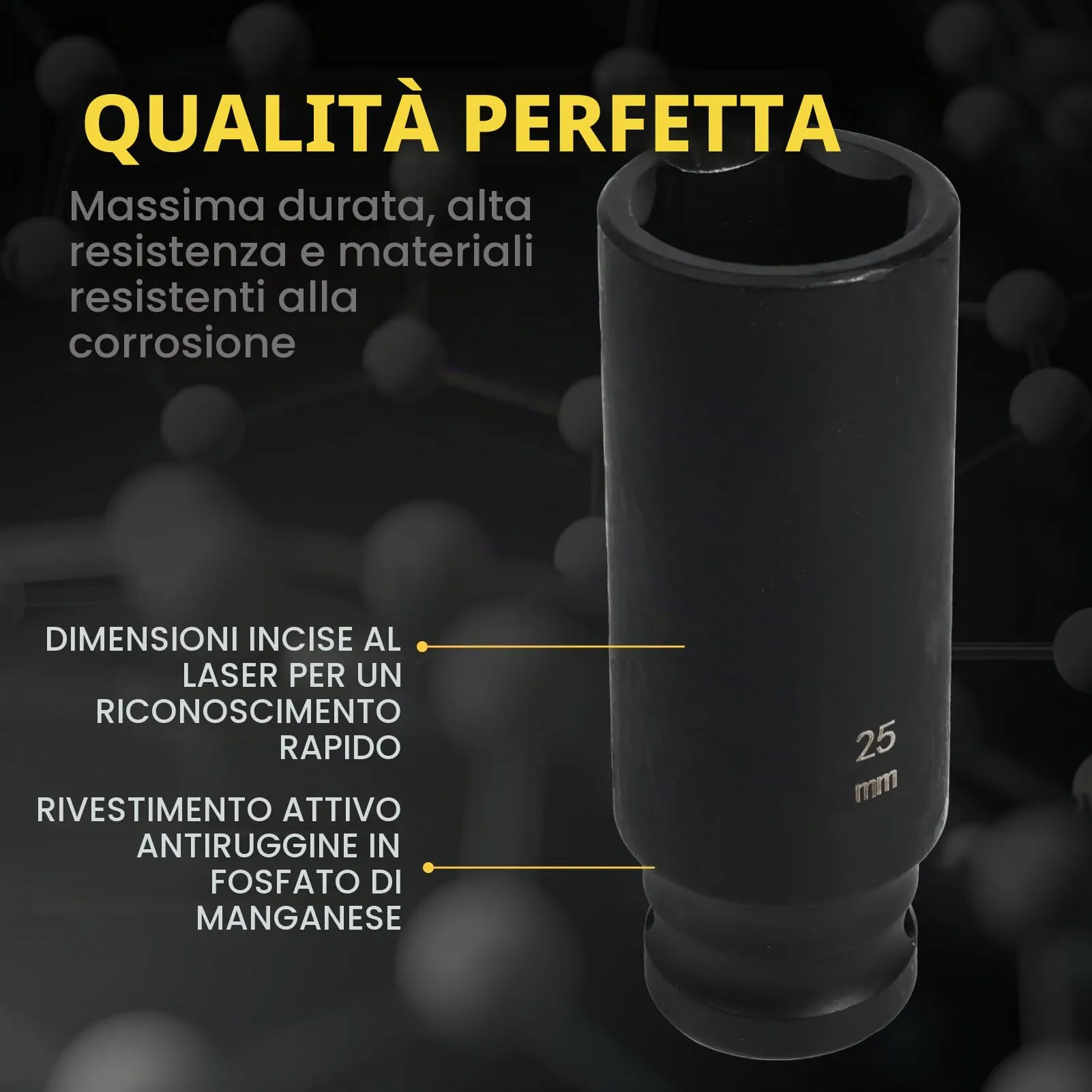 Flewdart bussola lunga esagonale 1/2" 25mm, lunghezza 78mm, acciaio al cromo molibdeno CR-MO - immagine 5