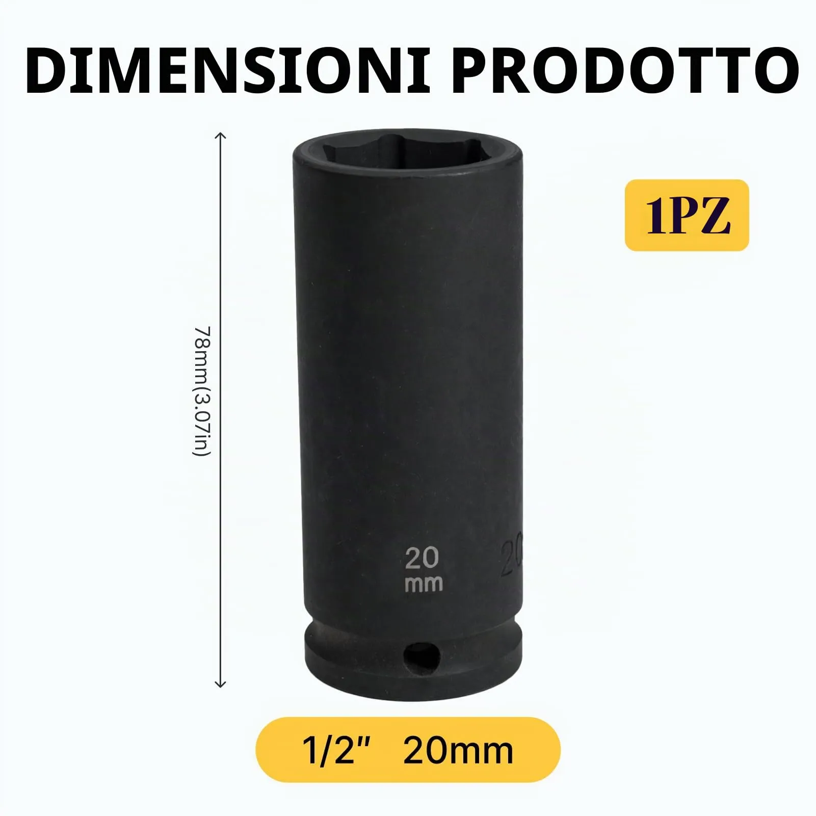 Flewdart Bussola Lunga Esagonale 1/2" 20mm, Acciaio al Cromo Molibdeno CR-MO, Lunghezza 78mm - immagine 2