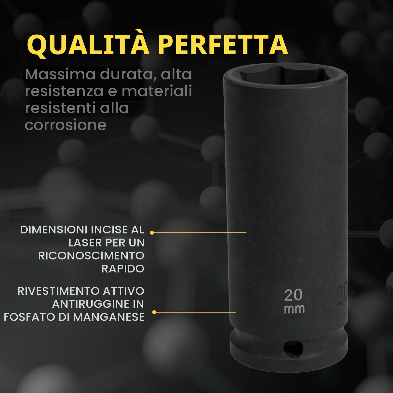 Flewdart Bussola Lunga Esagonale 1/2" 20mm, Acciaio al Cromo Molibdeno CR-MO, Lunghezza 78mm - immagine 5