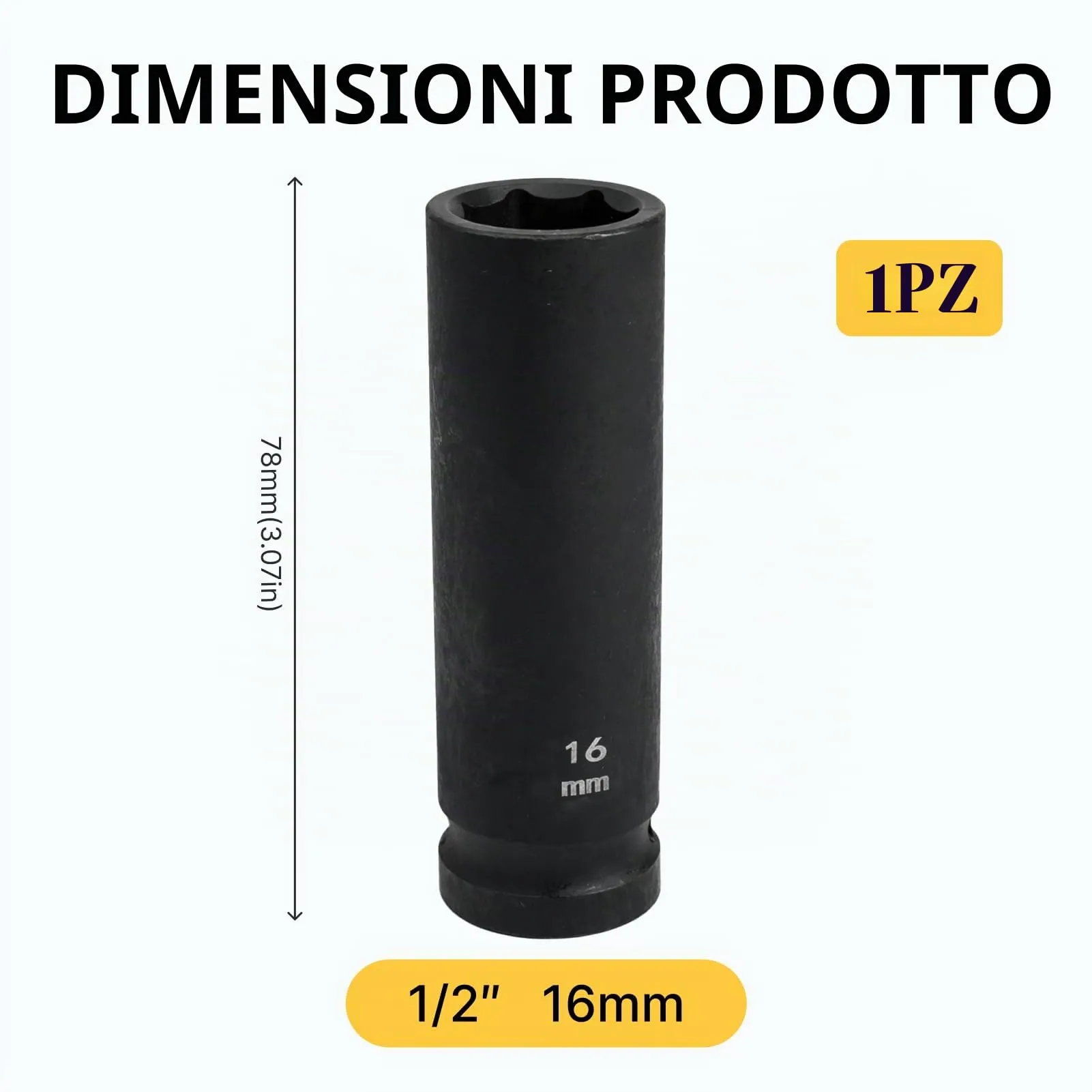 Flewdart Bussola Lunga Esagonale 1/2" 16mm, Acciaio al Cromo Molibdeno CR-MO, Lunghezza 78mm - immagine 2