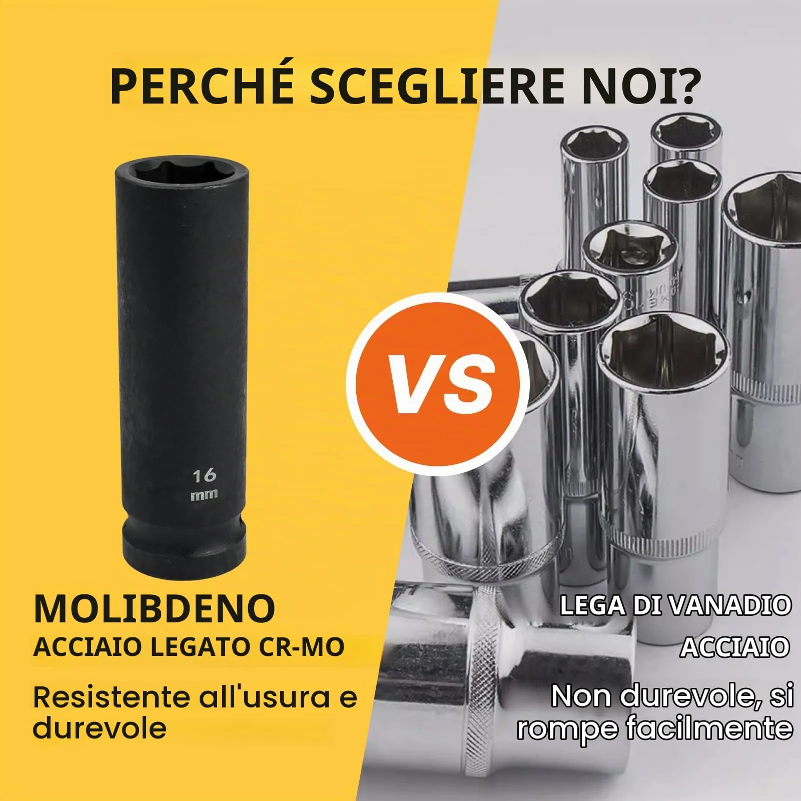 Flewdart Bussola Lunga Esagonale 1/2" 16mm, Acciaio al Cromo Molibdeno CR-MO, Lunghezza 78mm - immagine 3