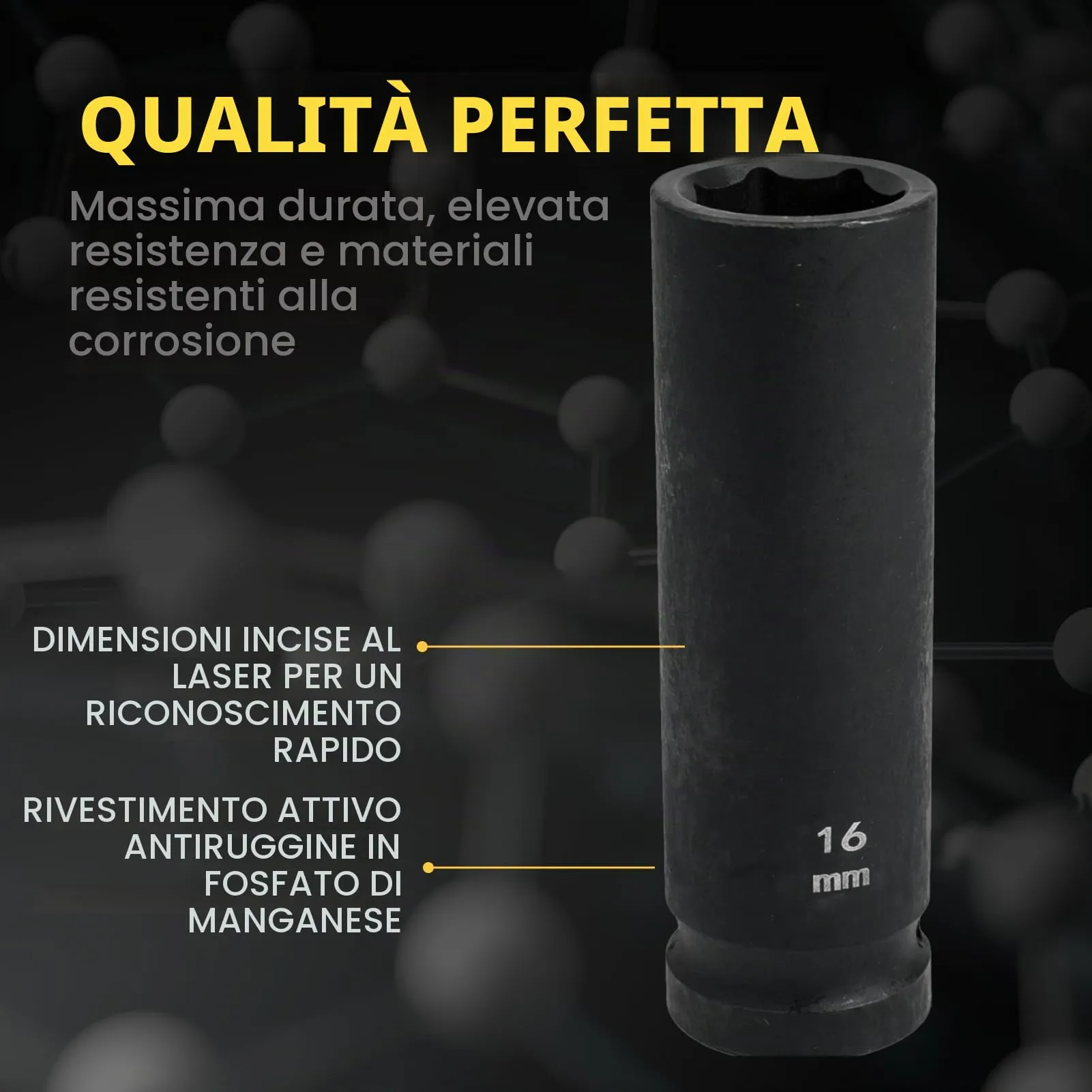 Flewdart Bussola Lunga Esagonale 1/2" 16mm, Acciaio al Cromo Molibdeno CR-MO, Lunghezza 78mm - immagine 5
