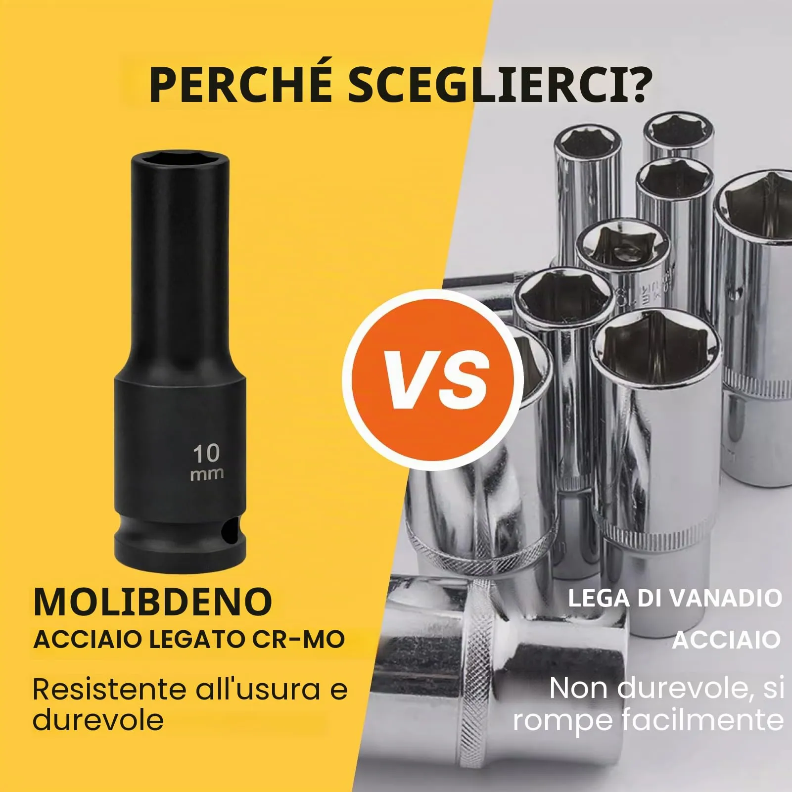 Flewdart Bussola Lunga Esagonale 1/2" 10mm, Acciaio al Cromo Molibdeno (CR-MO), Lunghezza 78 mm - immagine 3