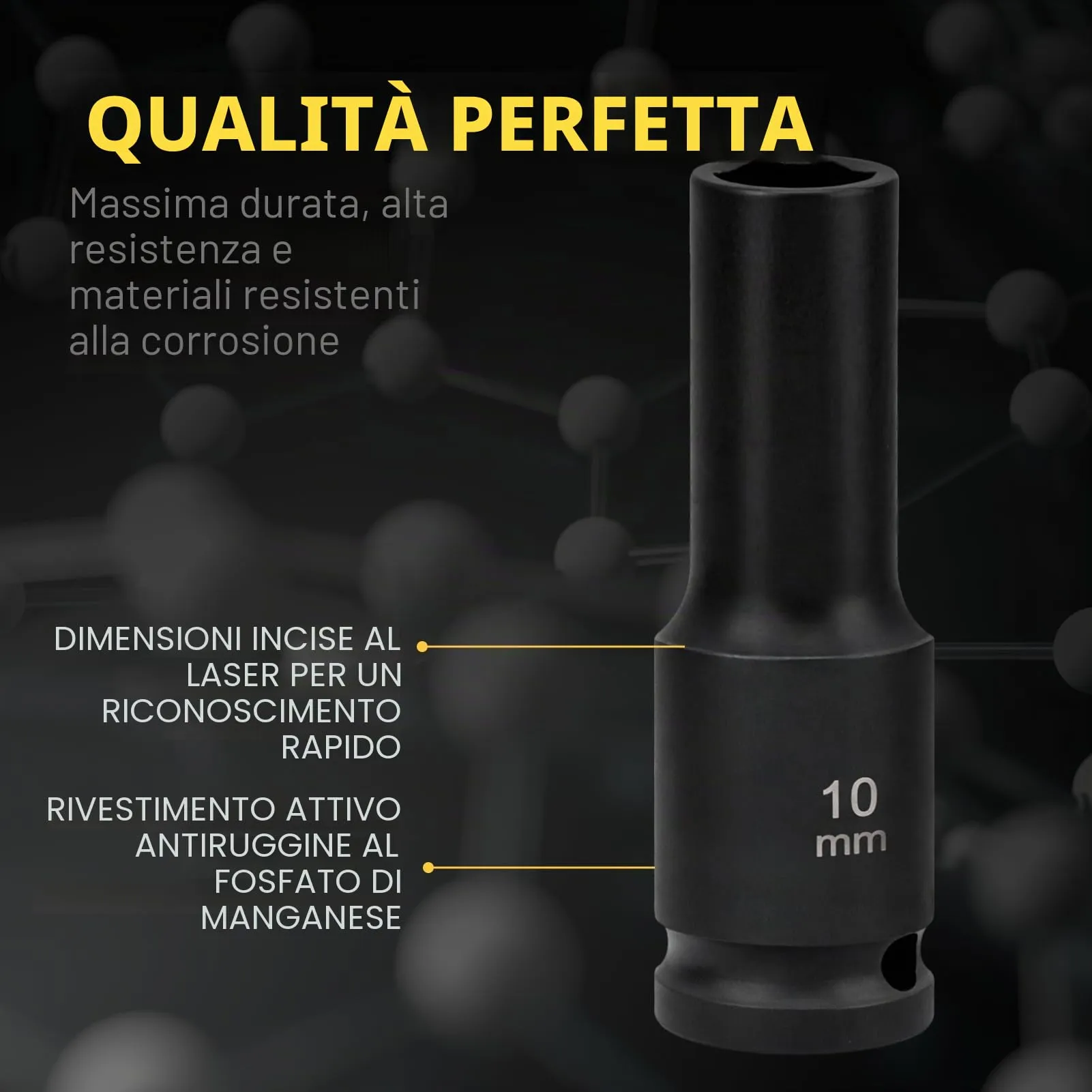 Flewdart Bussola Lunga Esagonale 1/2" 10mm, Acciaio al Cromo Molibdeno (CR-MO), Lunghezza 78 mm - immagine 5