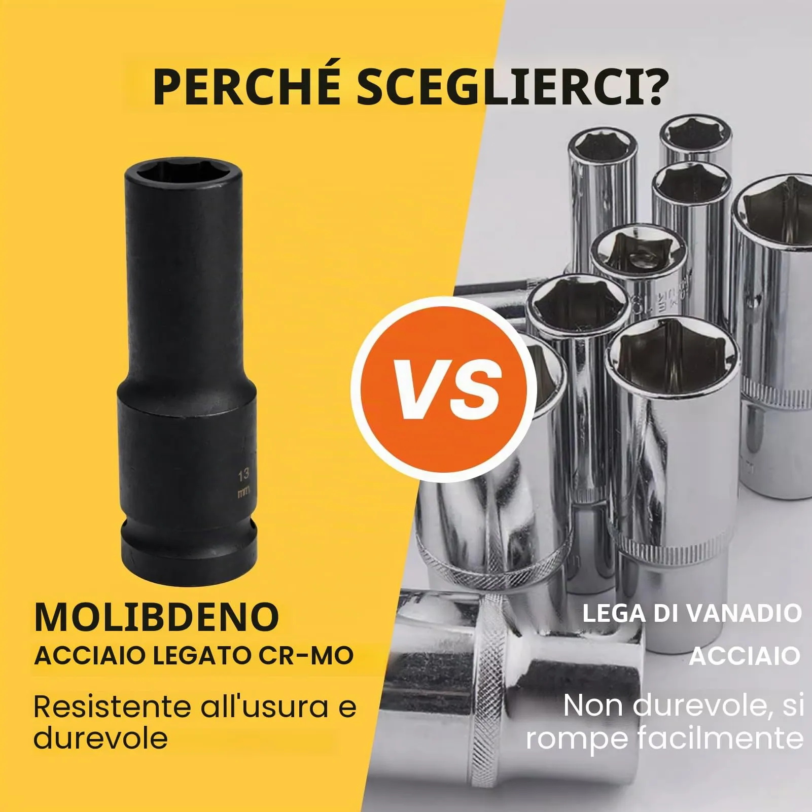 Flewdart Bussola Lunga Esagonale 1/2" 13mm, Acciaio al Cromo Molibdeno CR-MO, Lunghezza 78mm - immagine 3