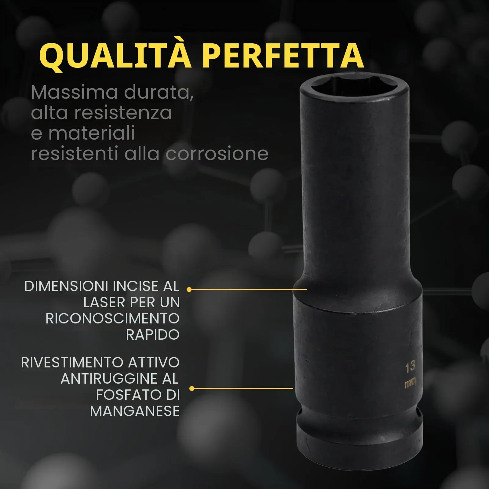 Flewdart Bussola Lunga Esagonale 1/2" 13mm, Acciaio al Cromo Molibdeno CR-MO, Lunghezza 78mm - immagine 5