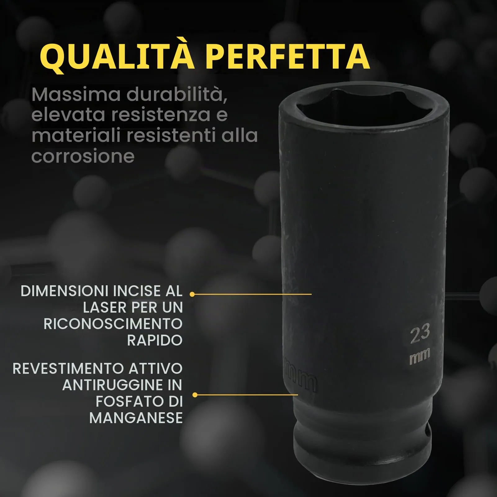 Flewdart bussola lunga esagonale 1/2" 23mm, acciaio al cromo molibdeno, lunghezza 78 mm - immagine 5