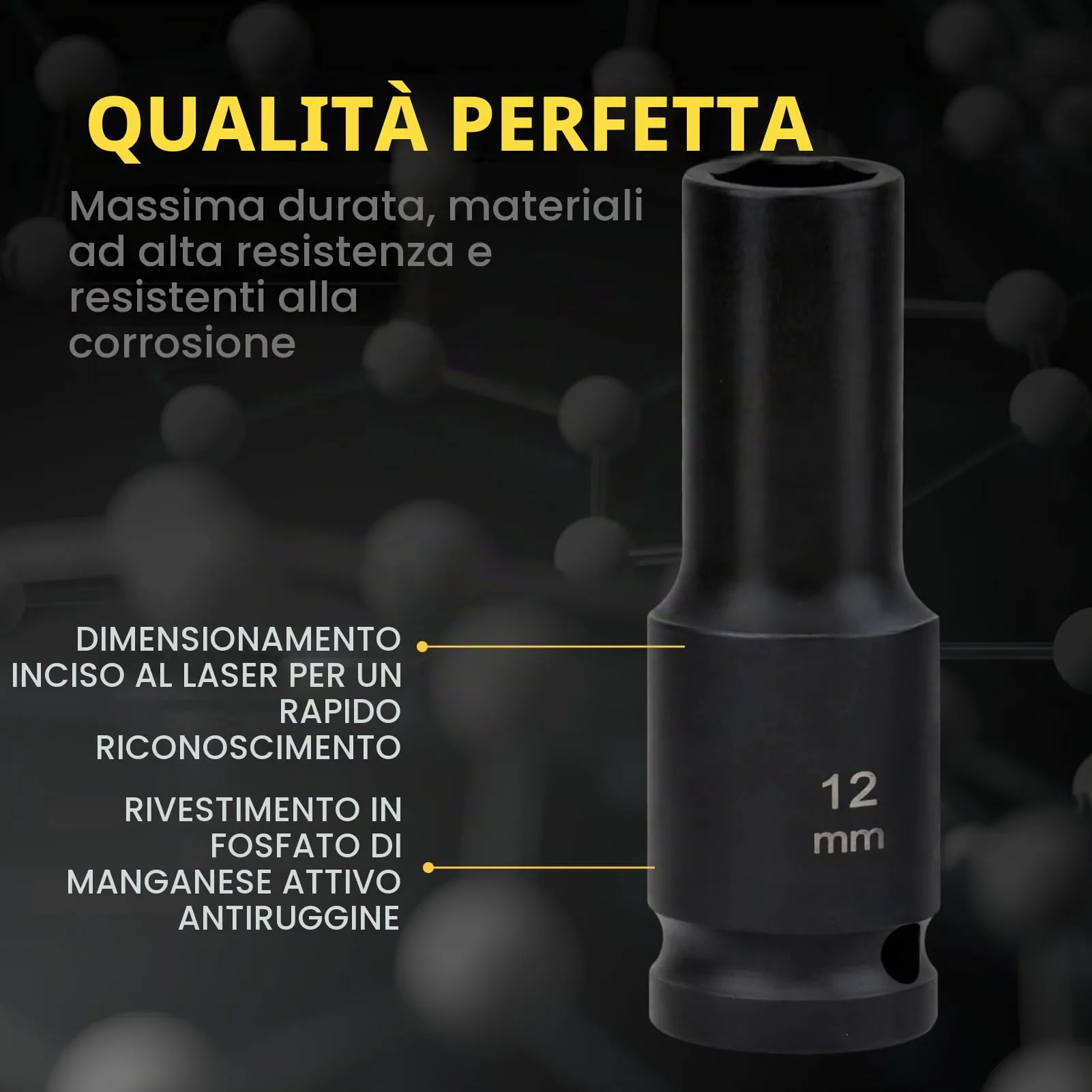 Flewdart Bussola Lunga Esagonale 1/2" 12mm, Acciaio al Cromo Molibdeno, Lunghezza 78mm - immagine 5