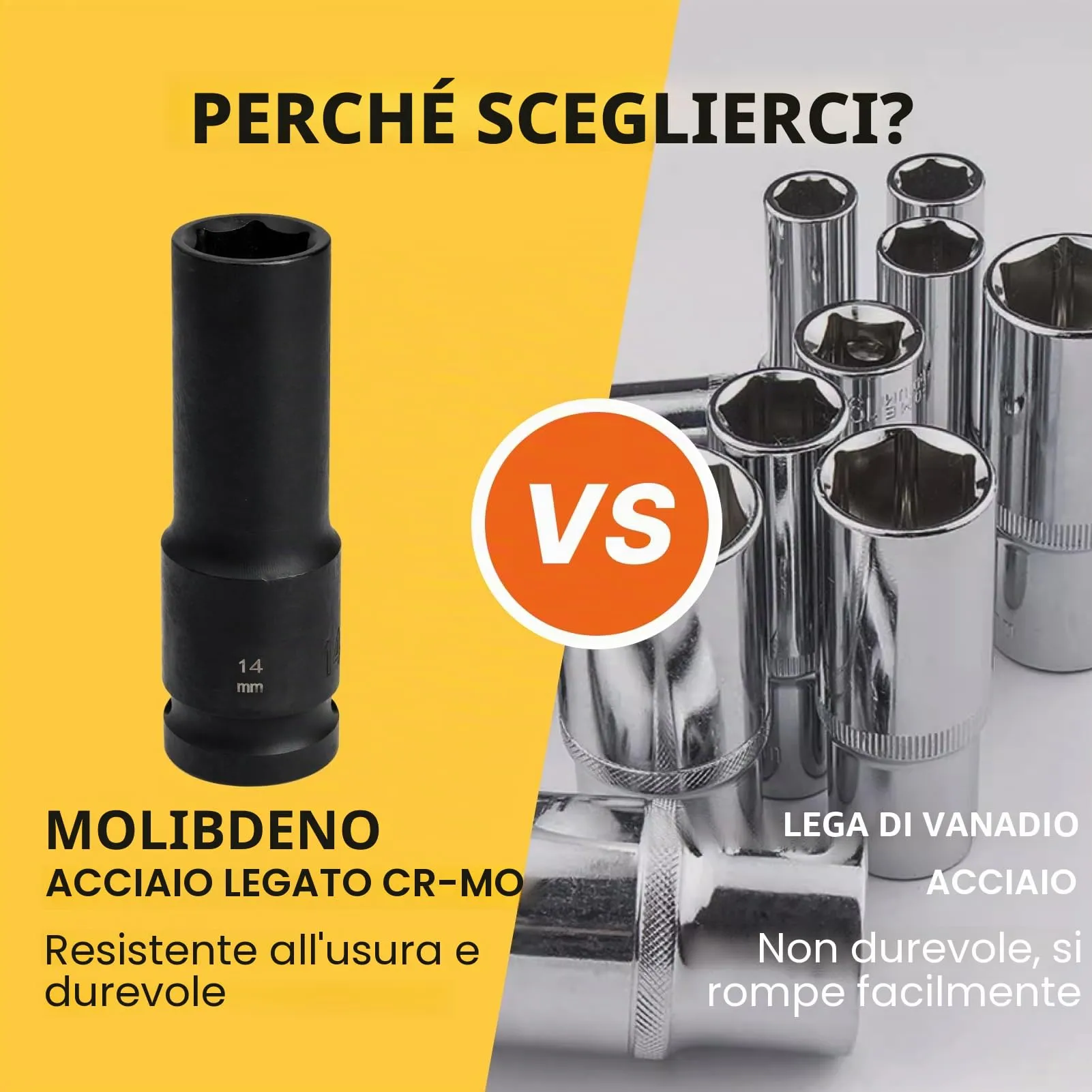 Flewdart Bussola Lunga Esagonale 1/2" 14mm, Acciaio al Cromo Molibdeno CR-MO, Lunghezza 78 mm - immagine 3