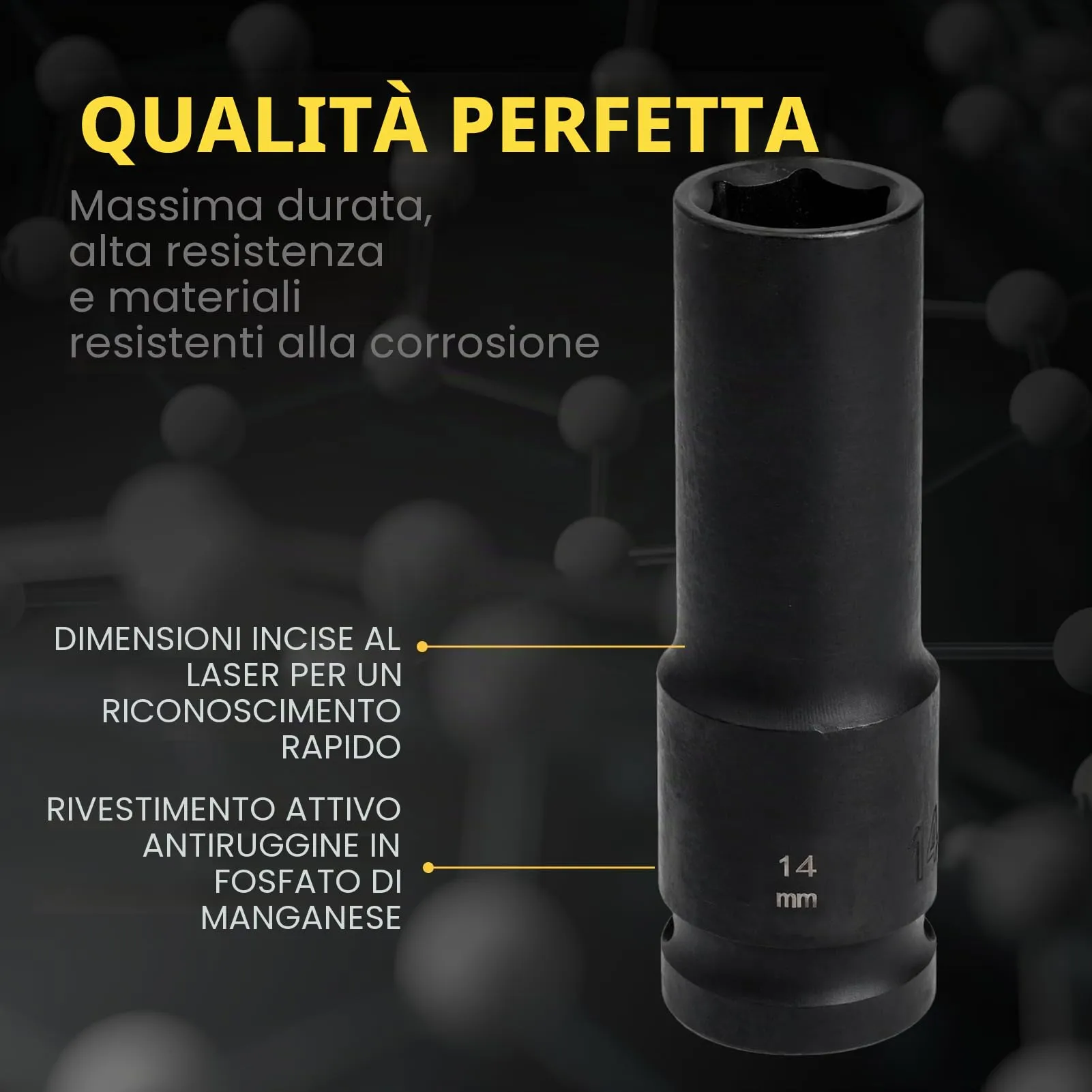 Flewdart Bussola Lunga Esagonale 1/2" 14mm, Acciaio al Cromo Molibdeno CR-MO, Lunghezza 78 mm - immagine 5