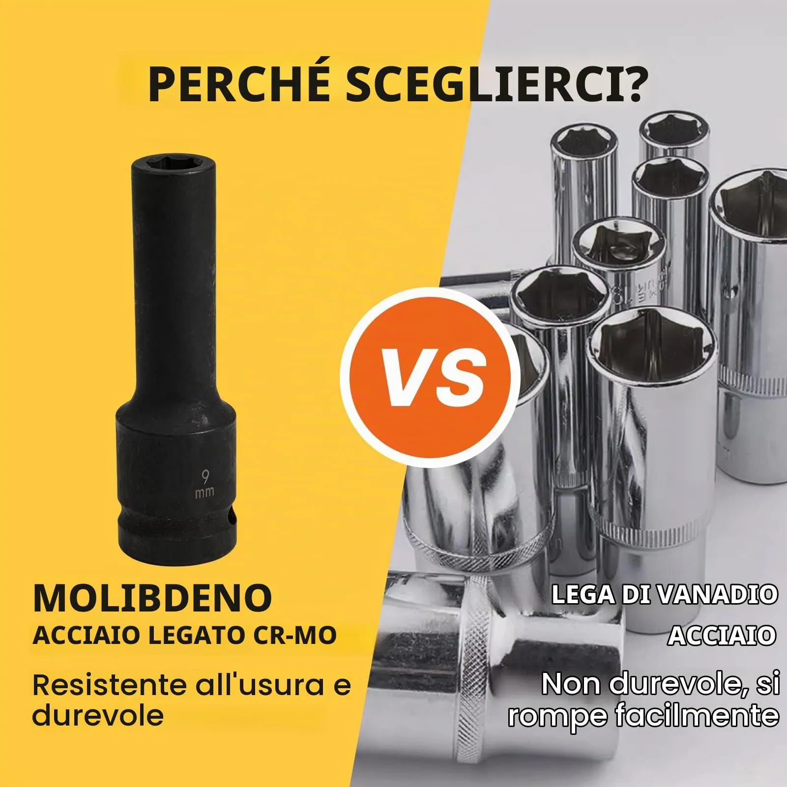 Flewdart Bussola Lunga Esagonale 1/2" 9mm, Acciaio al Cromo Molibdeno, Lunghezza 78mm - immagine 3