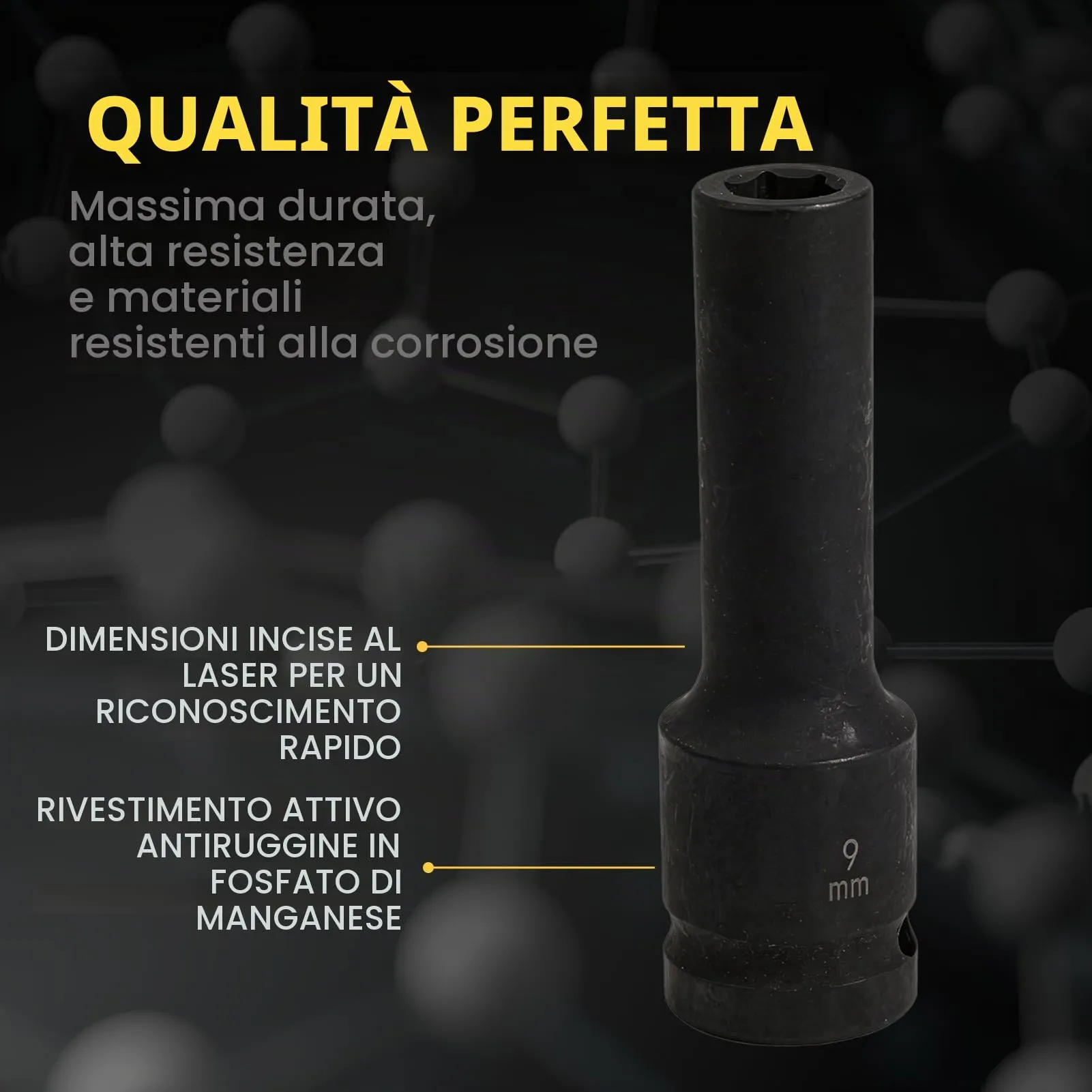 Flewdart Bussola Lunga Esagonale 1/2" 9mm, Acciaio al Cromo Molibdeno, Lunghezza 78mm - immagine 5