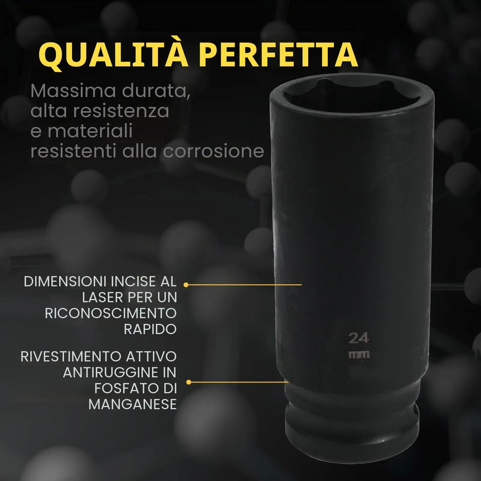 Flewdart Bussola Lunga Esagonale 1/2" 24mm in Acciaio al Cromo Molibdeno CR-MO, Lunghezza 78mm - immagine 5