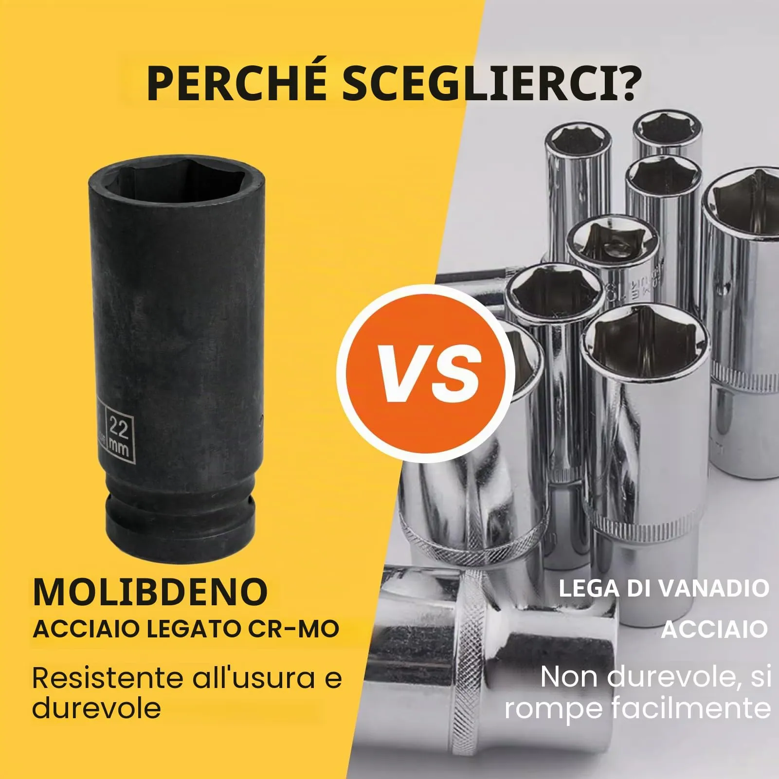 Flewdart Bussola Lunga Esagonale 1/2" 22mm, Acciaio al Cromo Molibdeno CR-MO, Lunghezza 78 mm - immagine 3