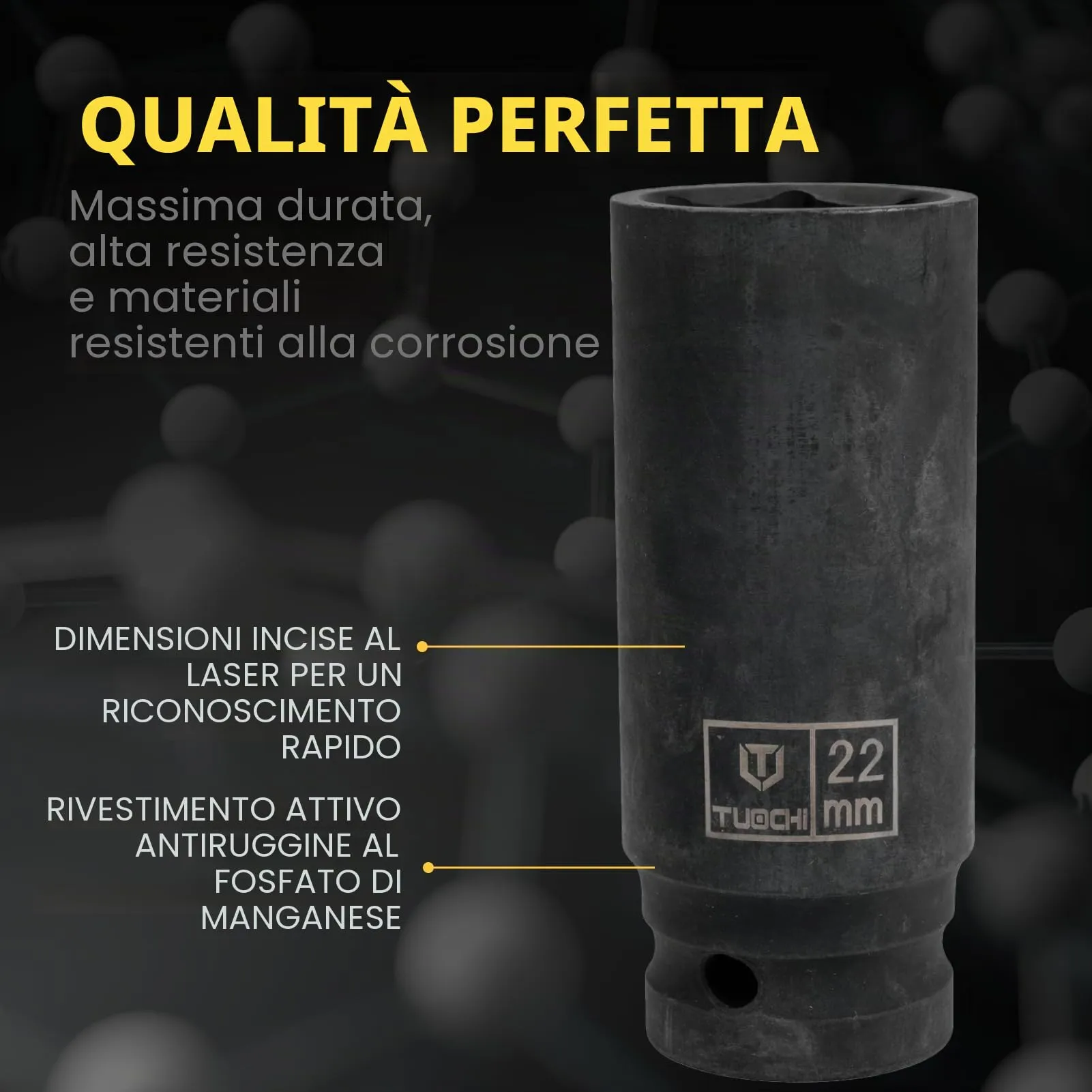 Flewdart Bussola Lunga Esagonale 1/2" 22mm, Acciaio al Cromo Molibdeno CR-MO, Lunghezza 78 mm - immagine 5