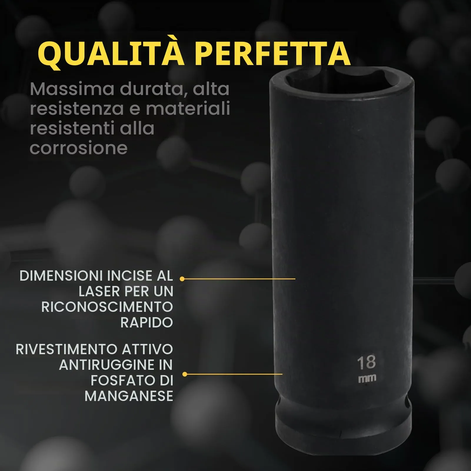Flewdart Bussola Lunga Esagonale 1/2" 18mm, Acciaio al Cromo Molibdeno CR-MO, Lunghezza 78 mm - immagine 5