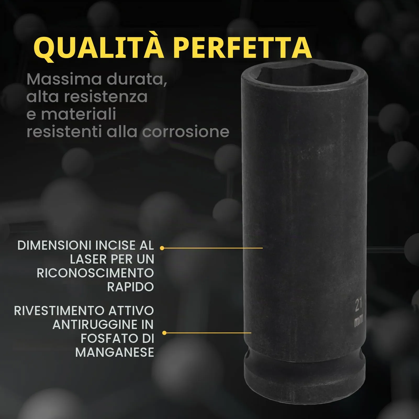 Flewdart Bussola Lunga Esagonale 1/2" 21mm in Acciaio al Cromo Molibdeno CR-MO, Lunghezza 78mm - immagine 5