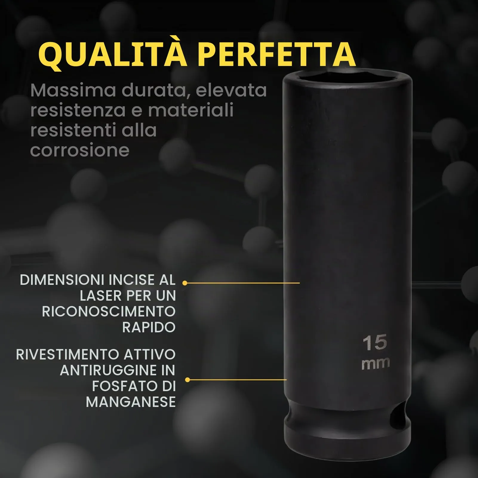 Flewdart bussola lunga esagonale 1/2" 15mm, lunghezza 78mm, acciaio al cromo molibdeno CR-MO - immagine 5