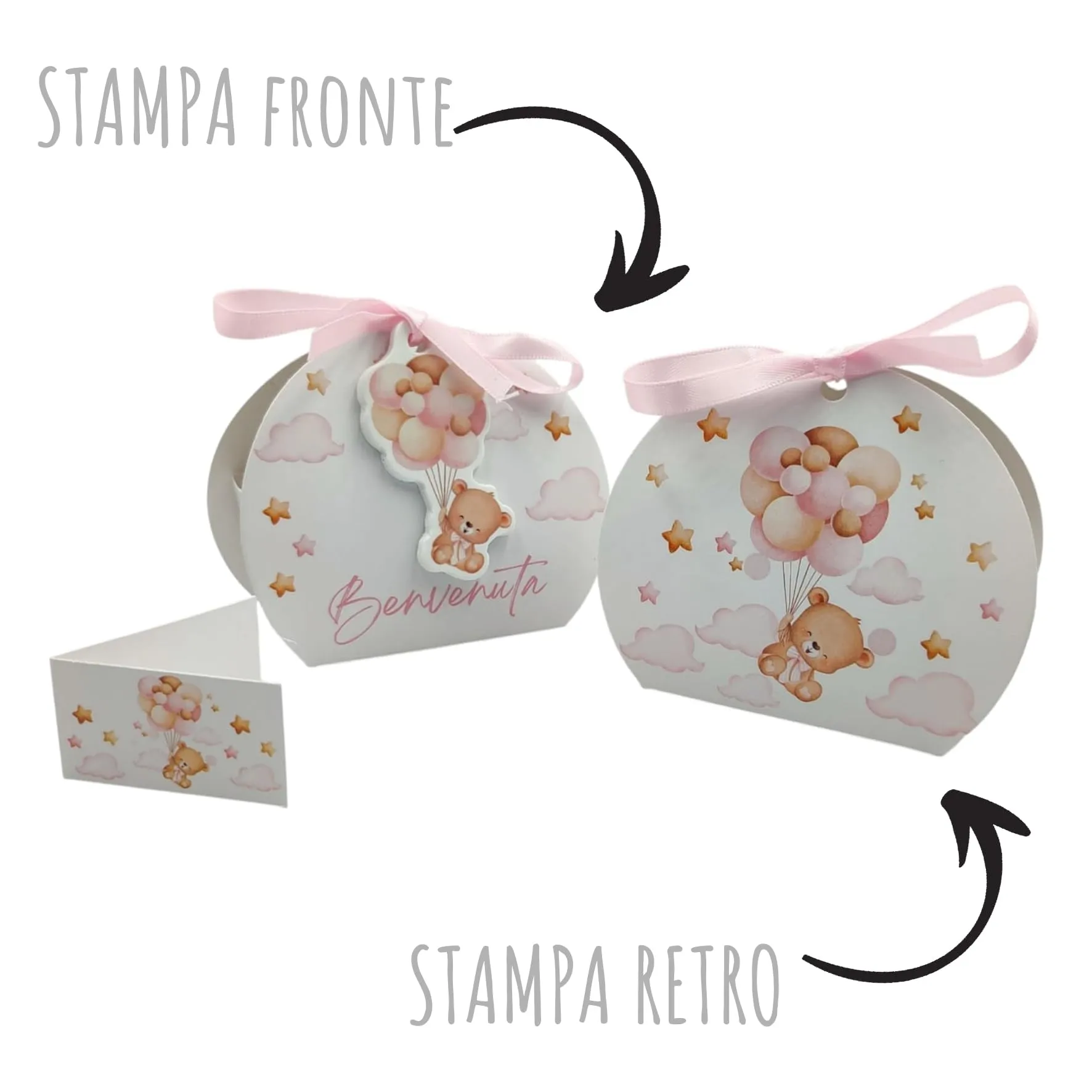 PV Grafik 24 Bomboniere Battesimo e Nascita Bambina con Scatoline Portaconfetti, Tag Orsetto, Bigliettini e Nastrini Tunna40tag - immagine 2