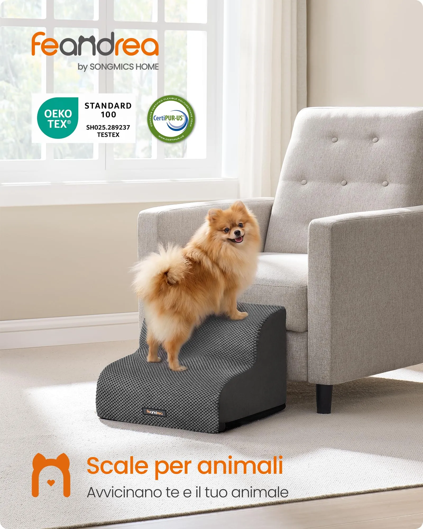 Feandrea Scaletta per Cani e Gatti, 2 Gradini in Spugna, 40 x 40 x 30 cm, Grigio Piombo - immagine 2